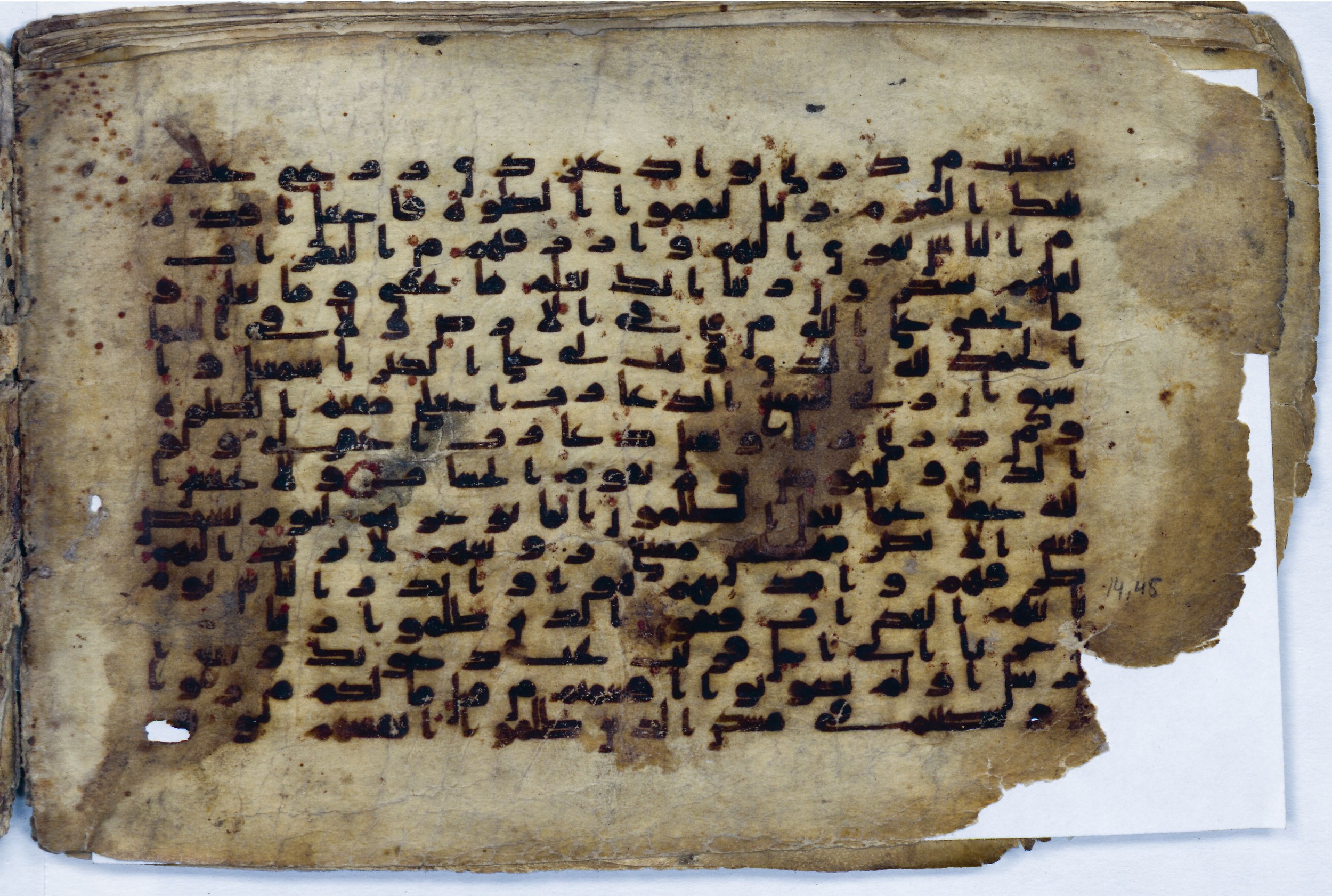 Leiden, Universiteitsbibliotheek Leiden, Or. 6814, in kūfī B.II script, showing Surah 14:39 from 8th to 9th Century AD found in Unknown (Purchased in Oegstgeest, Netherlands), currently housed at Universiteitsbibliotheek Leiden, Leiden