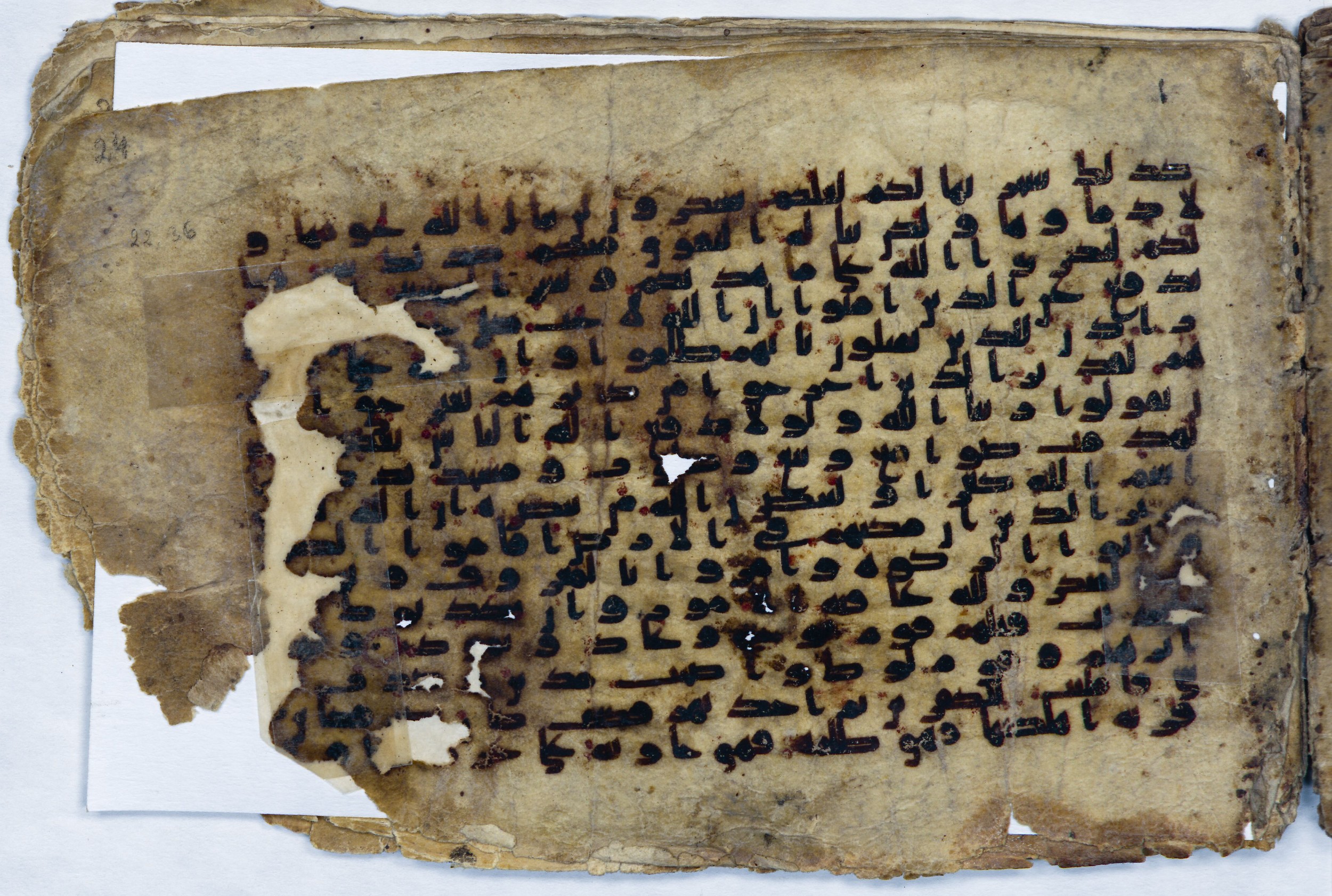 Leiden, Universiteitsbibliotheek Leiden, Or. 6814, in kūfī B.II script, showing Surah 22:39 from 8th to 9th Century AD found in Unknown (Purchased in Oegstgeest, Netherlands), currently housed at Universiteitsbibliotheek Leiden, Leiden