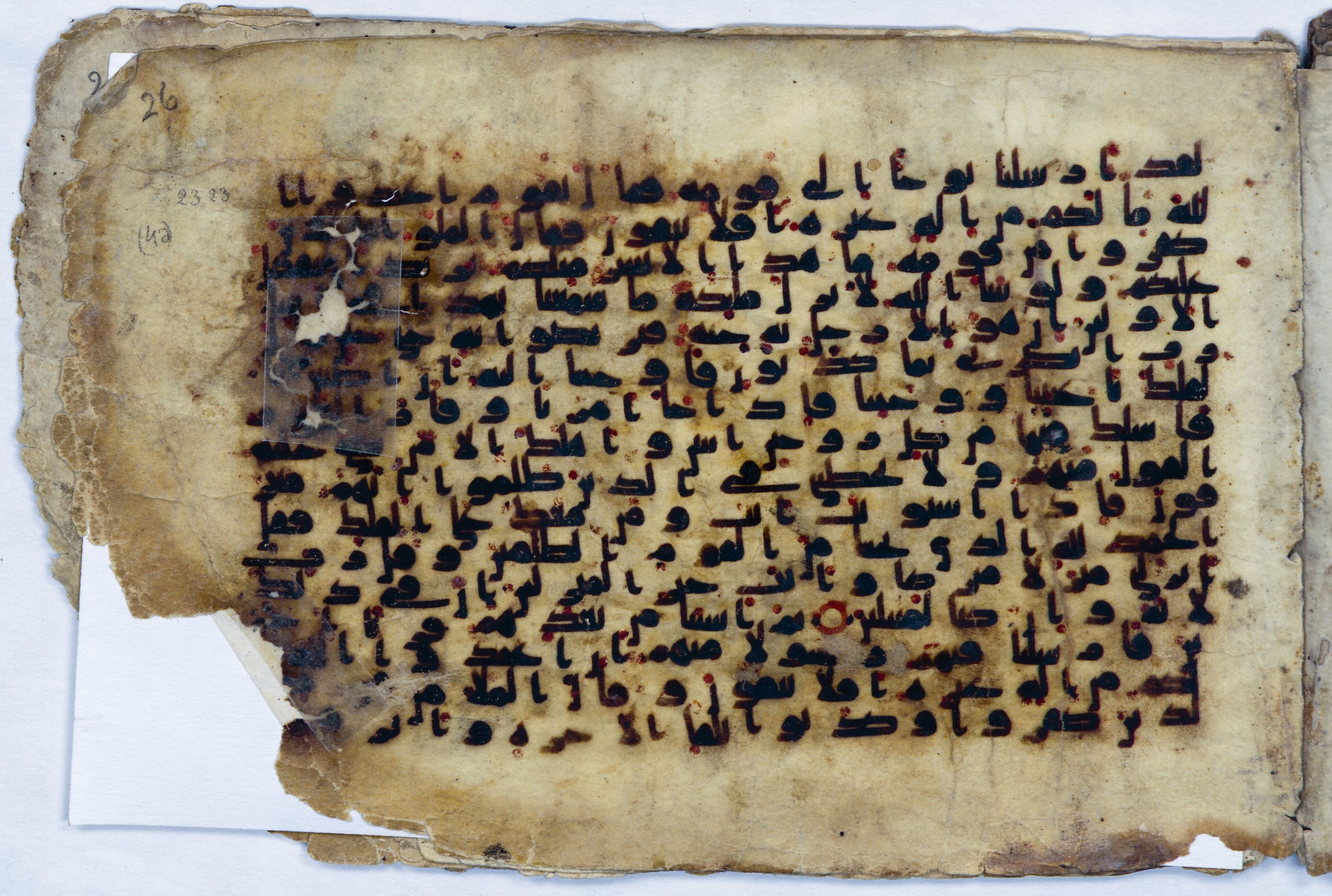 Leiden, Universiteitsbibliotheek Leiden, Or. 6814 (Scan 1), in kūfī B.II script, showing Surah 23:33 from 8th to 9th Century AD found in Unknown (Purchased in Oegstgeest, Netherlands), currently housed at Universiteitsbibliotheek Leiden, Leiden