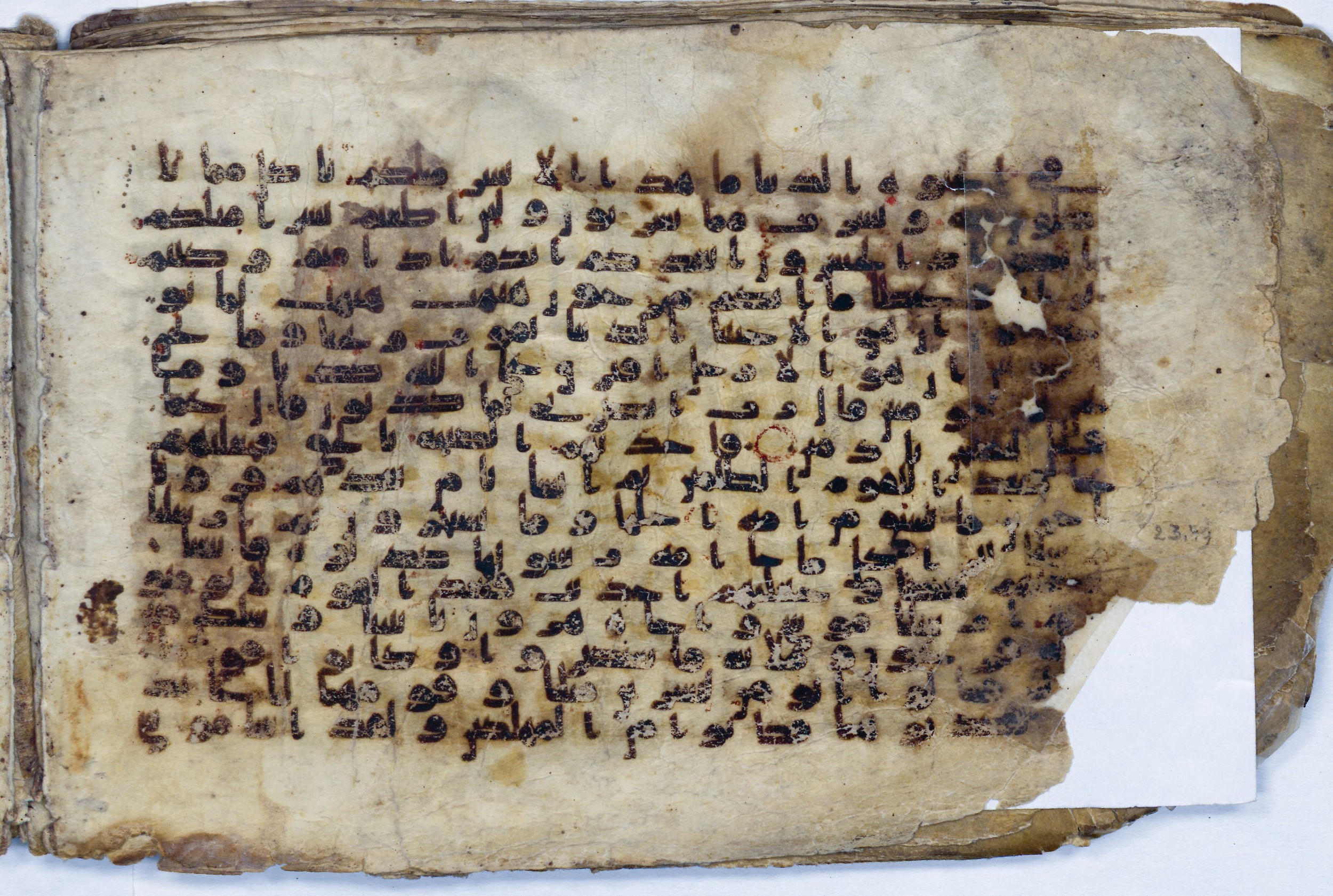 Leiden, Universiteitsbibliotheek Leiden, Or. 6814, in kūfī B.II script, showing Surah 23:45 from 8th to 9th Century AD found in Unknown (Purchased in Oegstgeest, Netherlands), currently housed at Universiteitsbibliotheek Leiden, Leiden