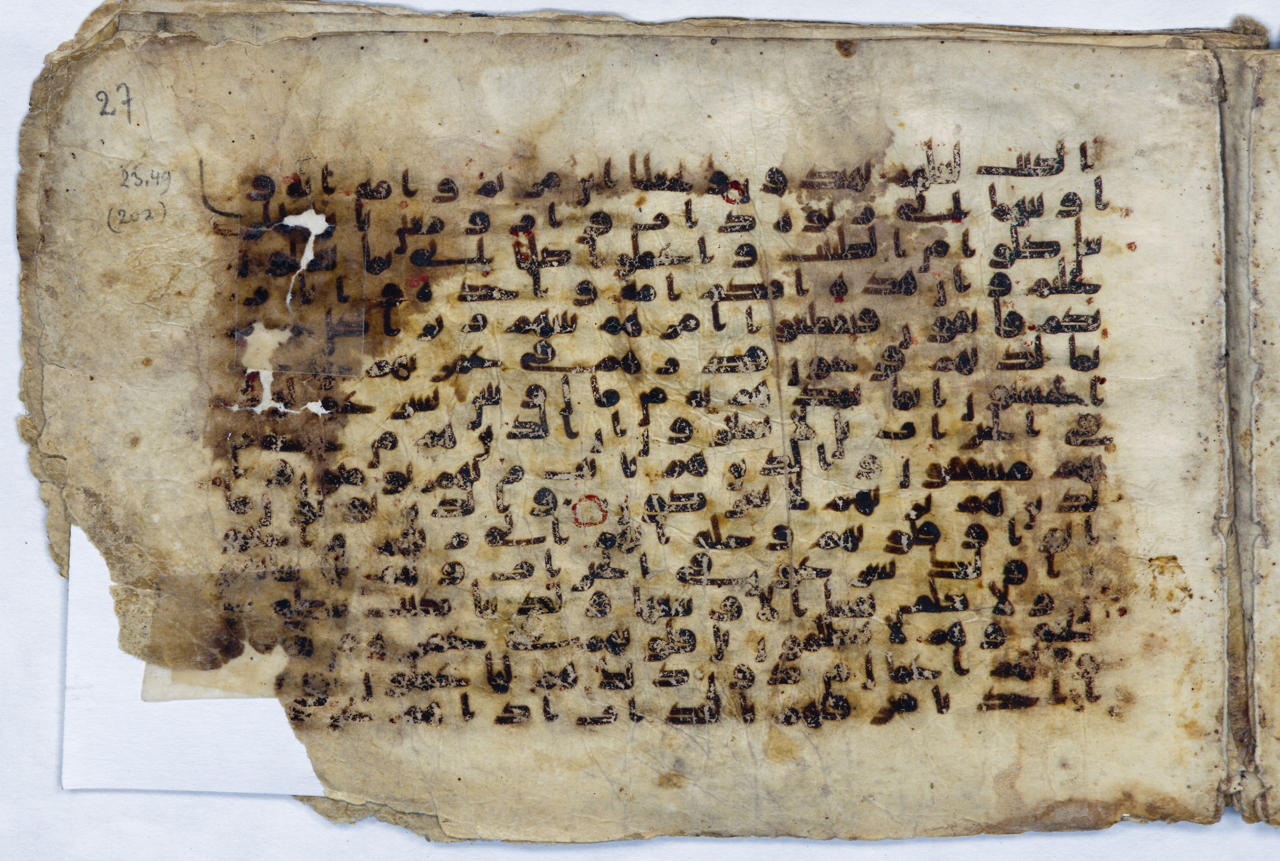 Leiden, Universiteitsbibliotheek Leiden, Or. 6814, in kūfī B.II script, showing Surah 23:63 from 8th to 9th Century AD found in Unknown (Purchased in Oegstgeest, Netherlands), currently housed at Universiteitsbibliotheek Leiden, Leiden
