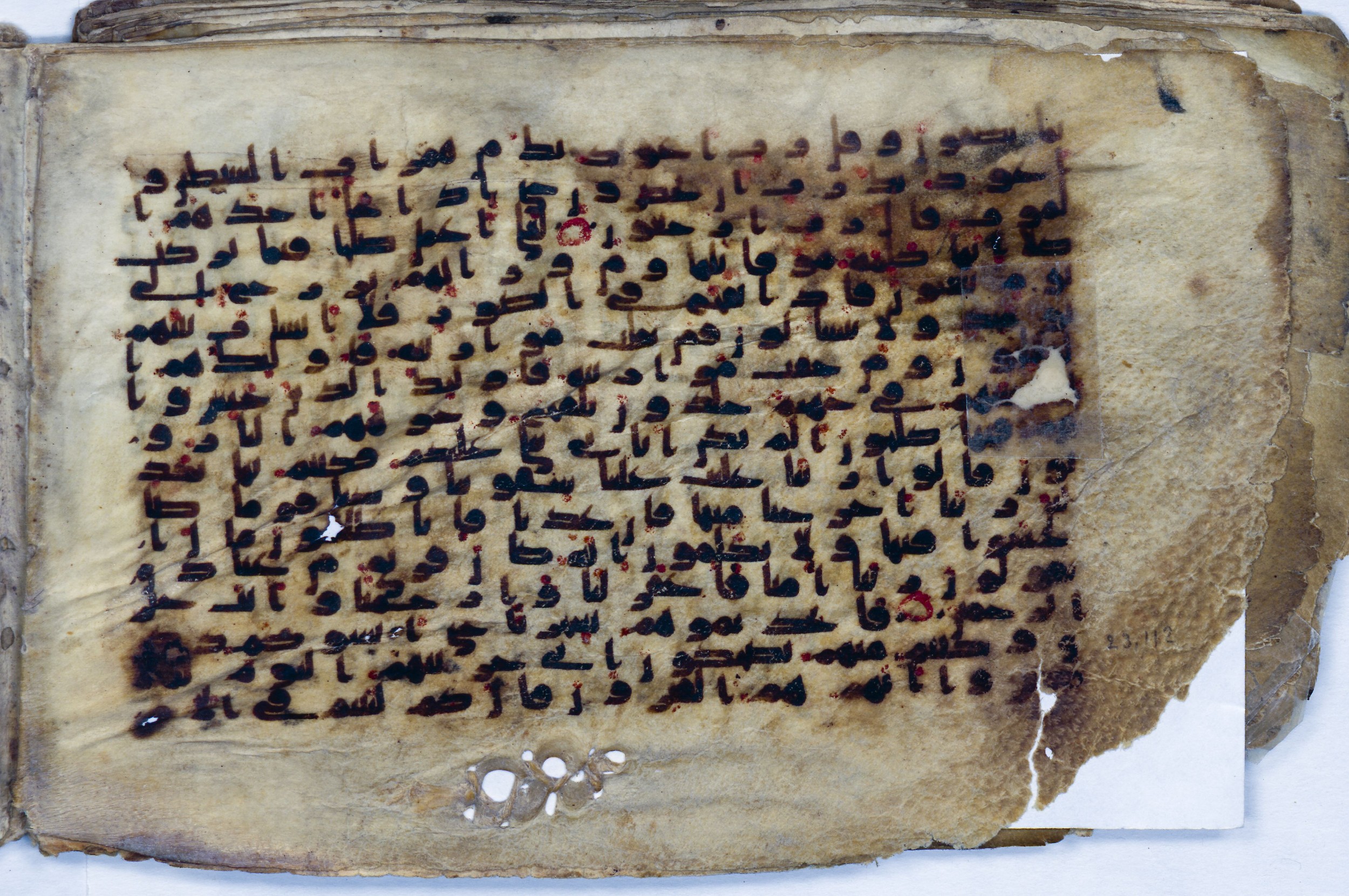 Leiden, Universiteitsbibliotheek Leiden, Or. 6814, in kūfī B.II script, showing Surah 23:97 from 8th to 9th Century AD found in Unknown (Purchased in Oegstgeest, Netherlands), currently housed at Universiteitsbibliotheek Leiden, Leiden
