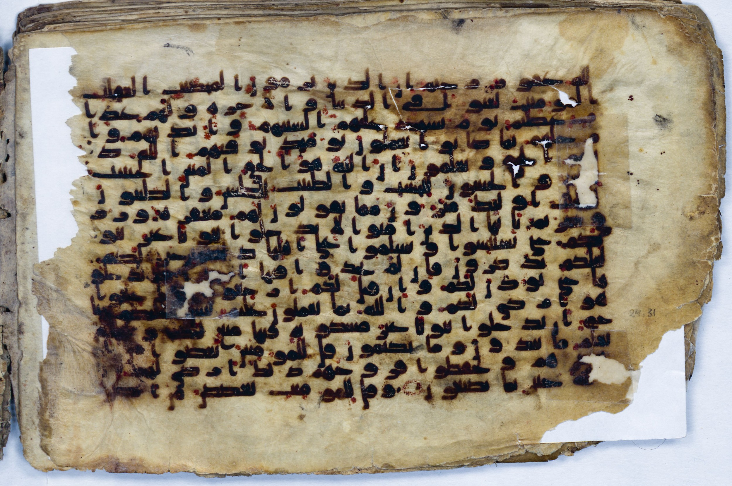 Leiden, Universiteitsbibliotheek Leiden, Or. 6814 (Scan 2), in kūfī B.II script, showing Surah 24:22 from 8th to 9th Century AD found in Unknown (Purchased in Oegstgeest, Netherlands), currently housed at Universiteitsbibliotheek Leiden, Leiden