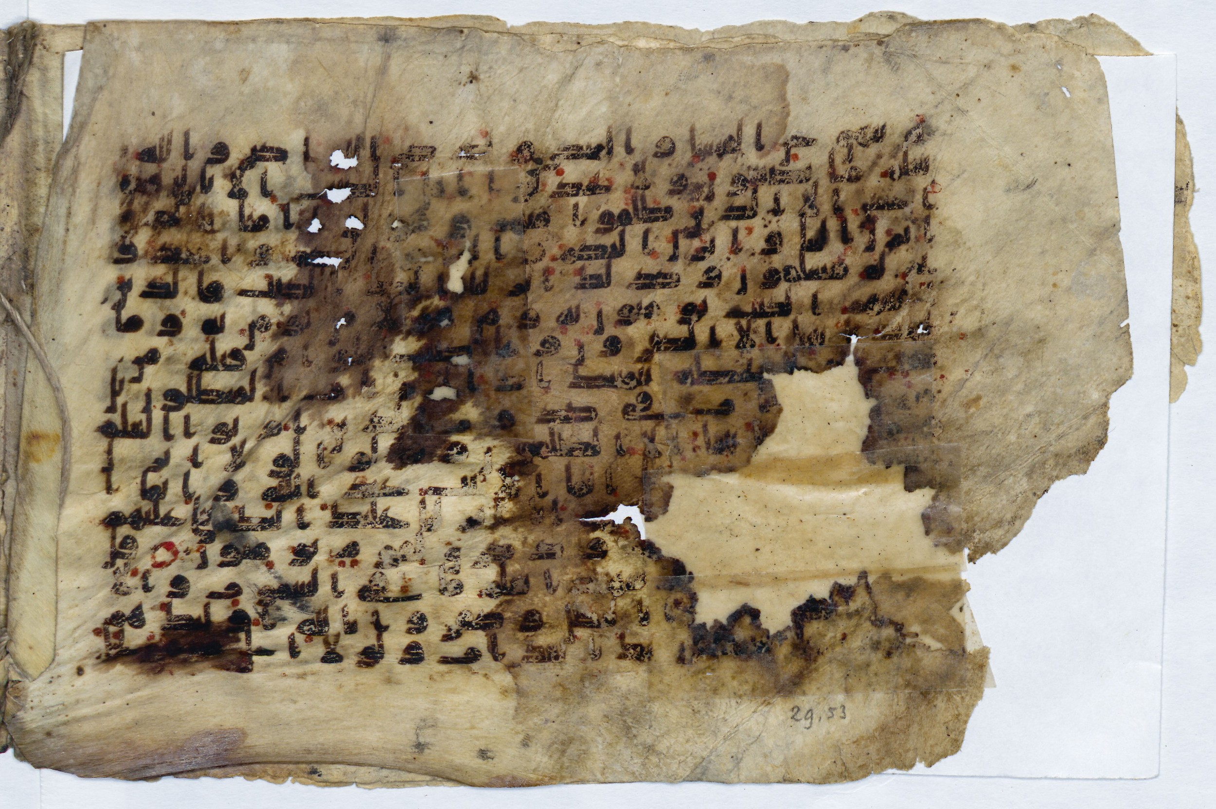 Leiden, Universiteitsbibliotheek Leiden, Or. 6814, in kūfī B.II script, showing Surah 29:49 from 8th to 9th Century AD found in Unknown (Purchased in Oegstgeest, Netherlands), currently housed at Universiteitsbibliotheek Leiden, Leiden