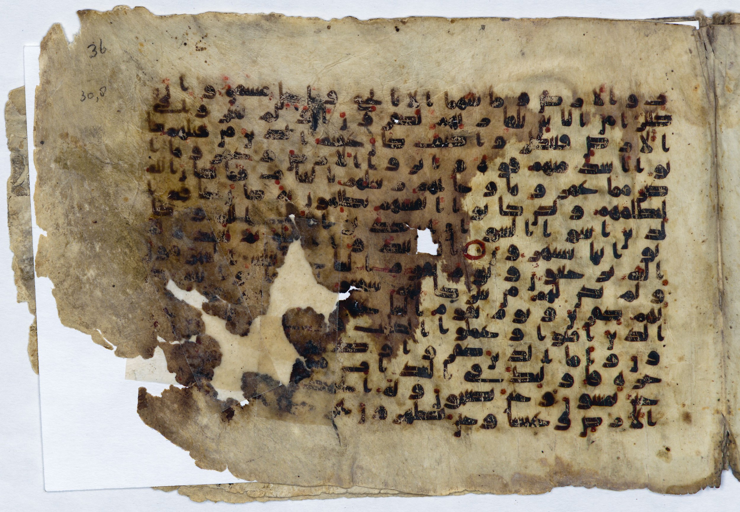 Leiden, Universiteitsbibliotheek Leiden, Or. 6814, in kūfī B.II script, showing Surah 30:13 from 8th to 9th Century AD found in Unknown (Purchased in Oegstgeest, Netherlands), currently housed at Universiteitsbibliotheek Leiden, Leiden
