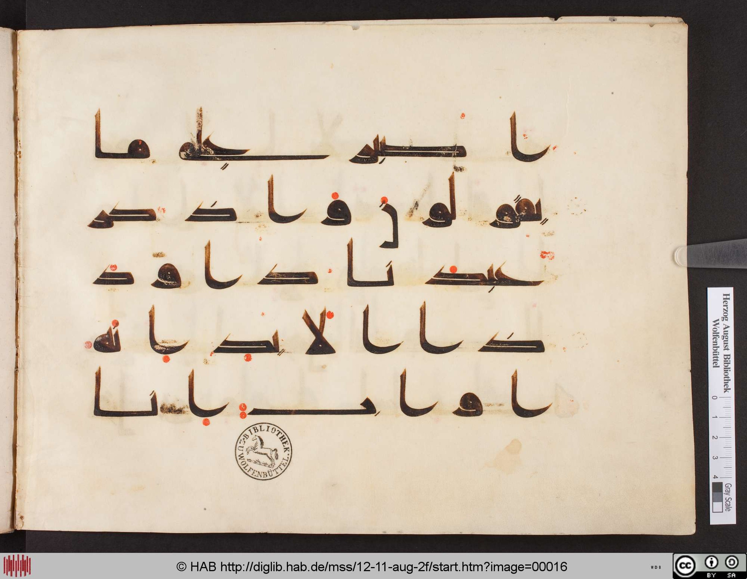 Wolfenbüttel, Herzog-August-Bibliothek, Cod. Guelf. 12. 11. Aug. fol., in kūfī D.I script, showing Surah 38:18 from Mid 8th to Late 9th Century AD found in Unknown, currently housed at Herzog-August-Bibliothek, Wolfenbüttel, Germany