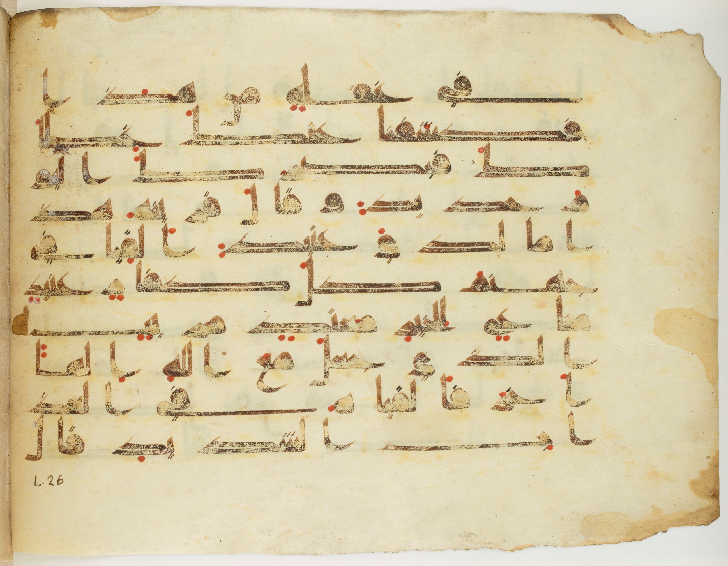 Bibliothèque nationale de France, Arabe 325 (d, f) (Scan 2), in Kūfī D.V.a script, showing Surah 50:22 from Mid-8th to Late 9th Century AD found in Fustat (Old Cairo), Egypt, currently housed at Bibliothèque nationale de France, Paris
