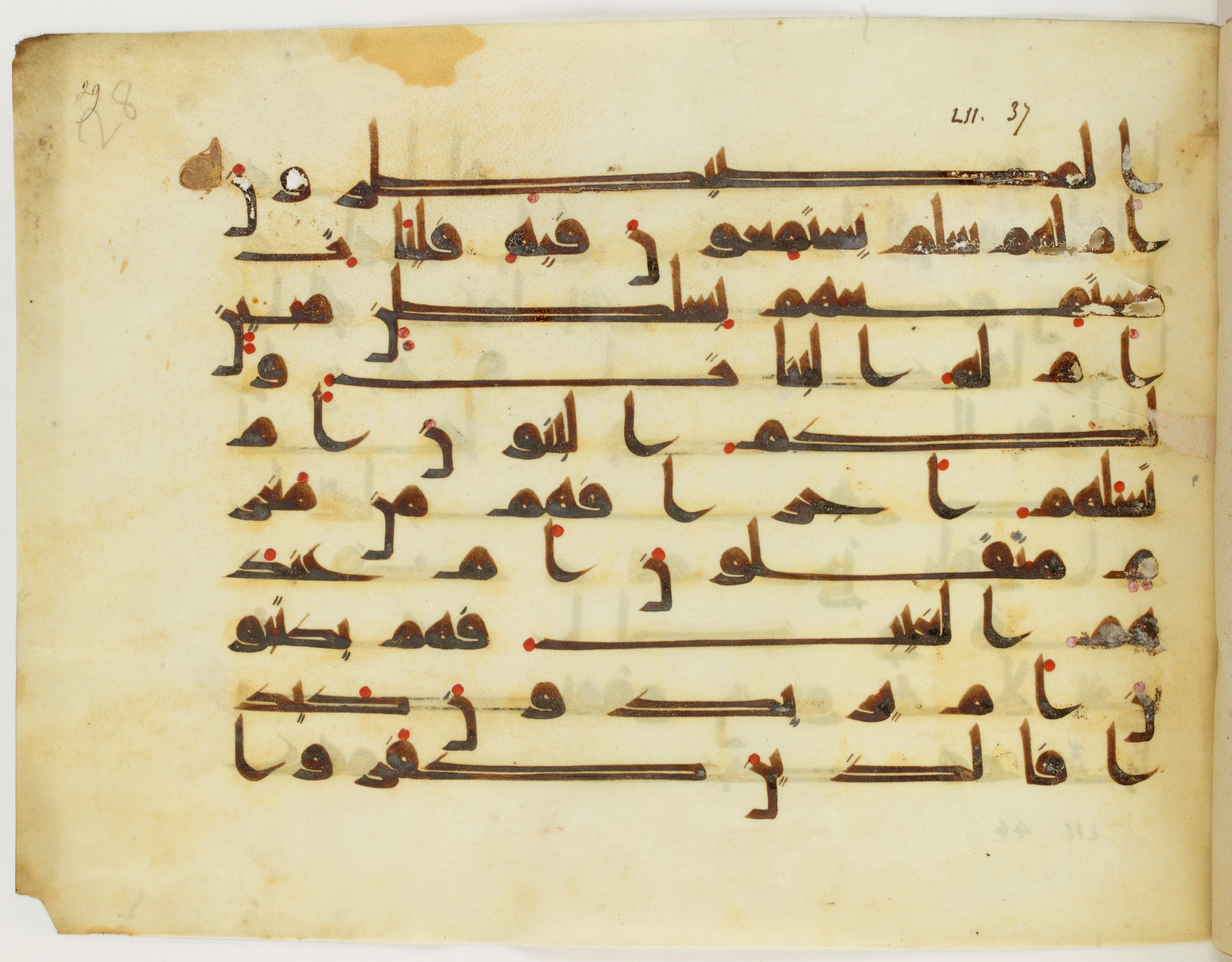Bibliothèque nationale de France, Arabe 325 (d, f), in Kūfī D.V.a script, showing Surah 52:39 from Mid-8th to Late 9th Century AD found in Fustat (Old Cairo), Egypt, currently housed at Bibliothèque nationale de France, Paris