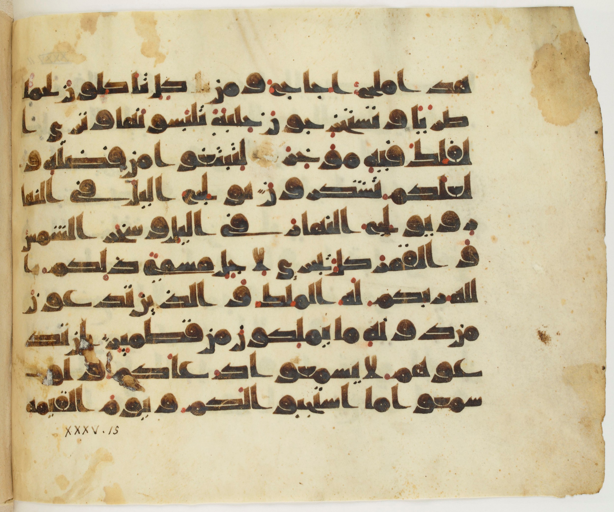 Paris, Bibliothèque nationale de France, Arabe 325 (h) (Scan 2), in other (non classified) script, showing Surah 35:12 from Mid 8th to Late 9th Century AD found in Fustat (Old Cairo), Egypt, currently housed at Bibliothèque nationale de France, Paris