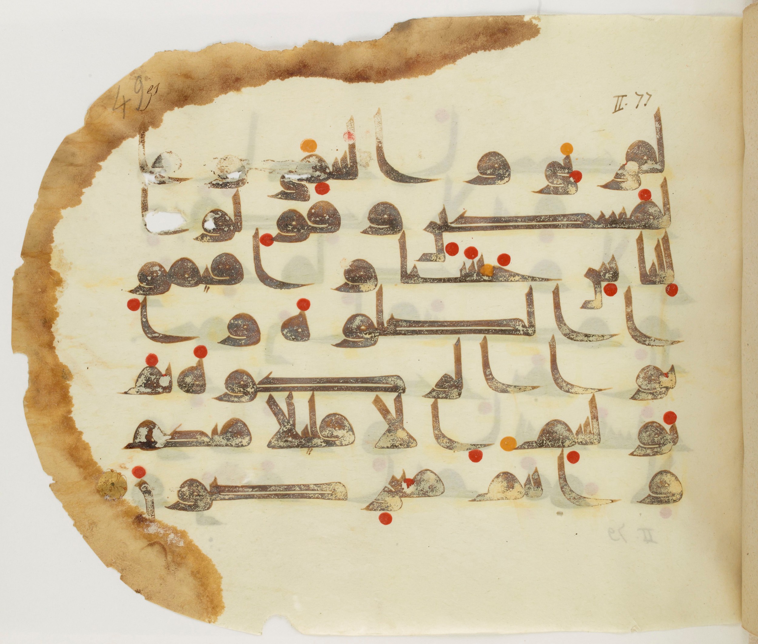 Paris, Bibliothèque nationale de France, Arabe 325 (j), in Kūfī D.III script, showing Surah 2:83 from Mid 8th to Late 9th Century AD found in Fustat (Old Cairo), Egypt, currently housed at Bibliothèque nationale de France, Paris