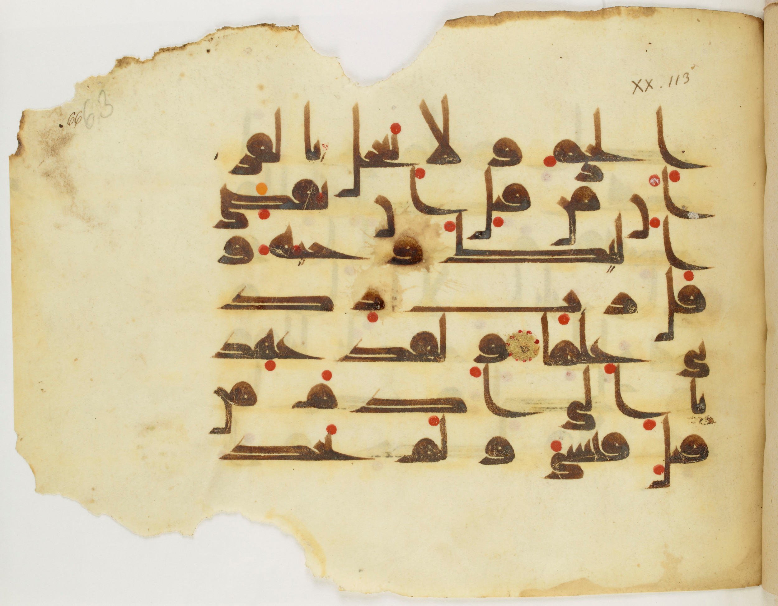 Paris, Bibliothèque nationale de France, Arabe 325 (j) (Scan 1), in Kūfī D.III script, showing Surah 20:115 from Mid 8th to Late 9th Century AD found in Fustat (Old Cairo), Egypt, currently housed at Bibliothèque nationale de France, Paris