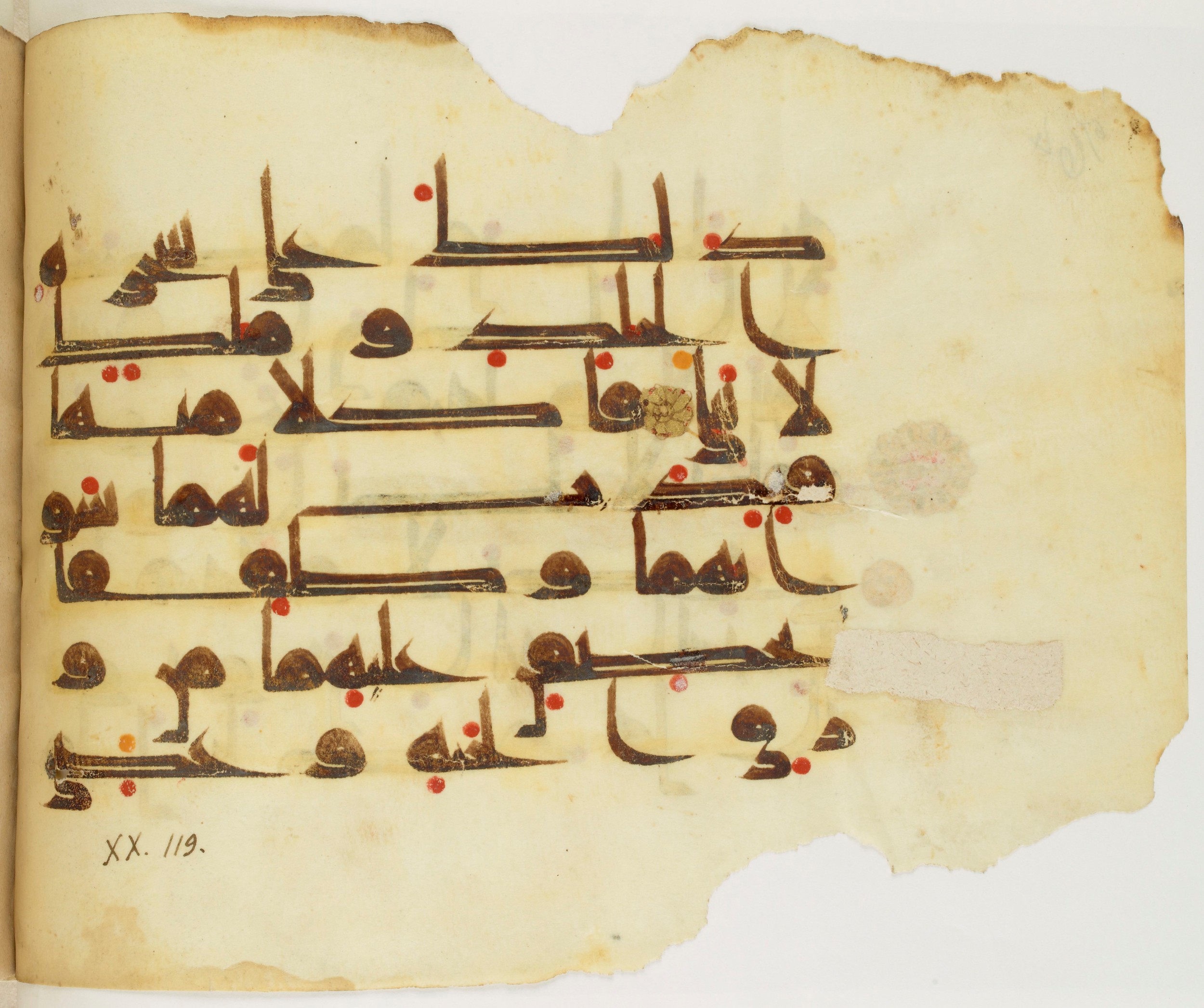 Paris, Bibliothèque nationale de France, Arabe 325 (j), in Kūfī D.III script, showing Surah 20:121 from Mid 8th to Late 9th Century AD found in Fustat (Old Cairo), Egypt, currently housed at Bibliothèque nationale de France, Paris
