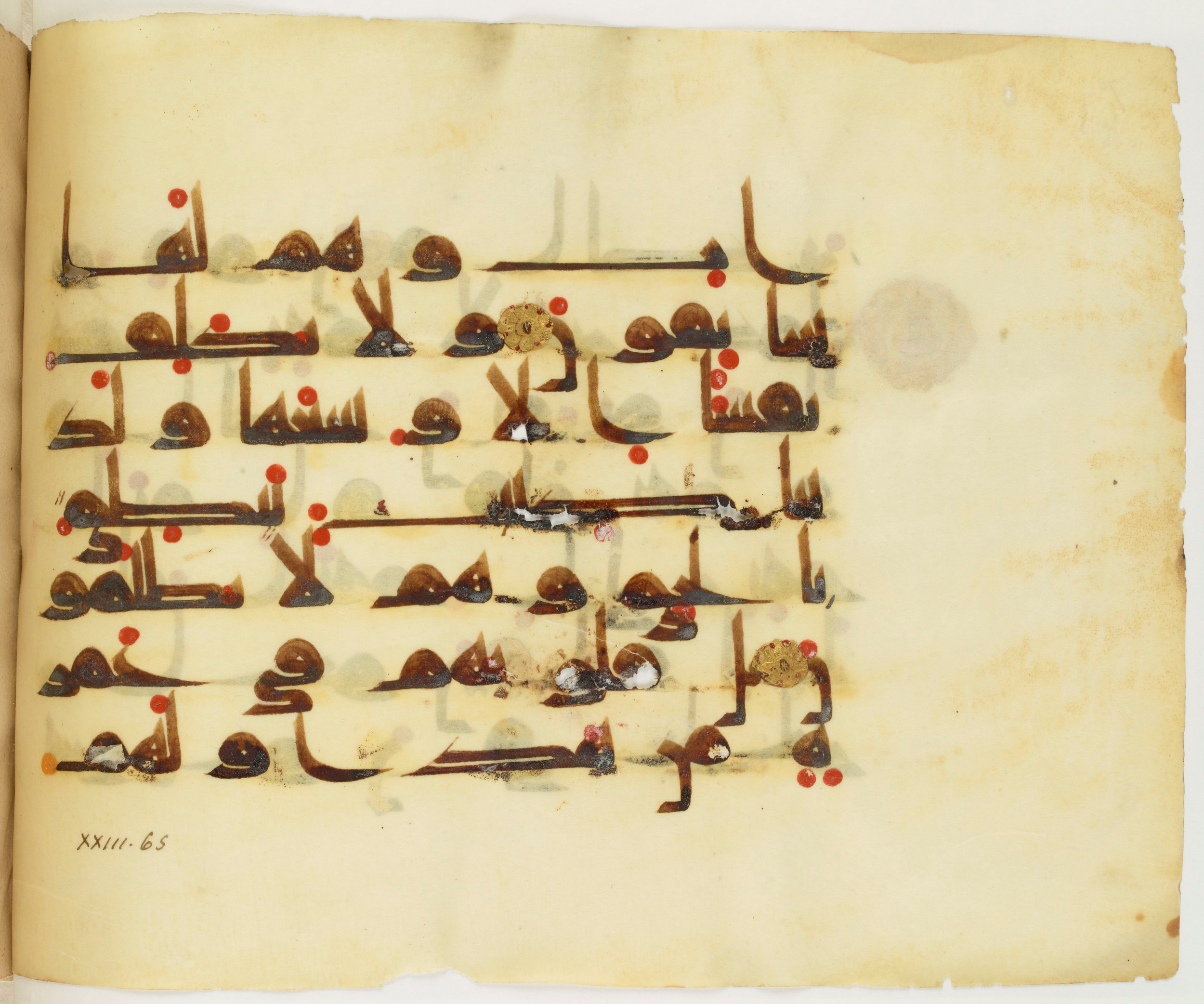 Paris, Bibliothèque nationale de France, Arabe 325 (j) (Scan 1), in Kūfī D.III script, showing Surah 23:63 from Mid 8th to Late 9th Century AD found in Fustat (Old Cairo), Egypt, currently housed at Bibliothèque nationale de France, Paris