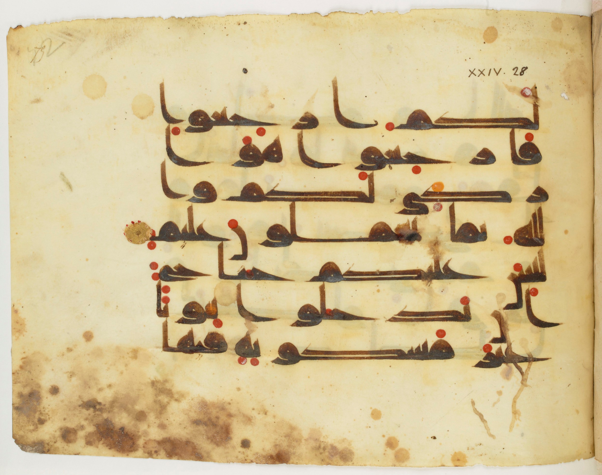 Paris, Bibliothèque nationale de France, Arabe 325 (j) (Scan 1), in Kūfī D.III script, showing Surah 24:29 from Mid 8th to Late 9th Century AD found in Fustat (Old Cairo), Egypt, currently housed at Bibliothèque nationale de France, Paris