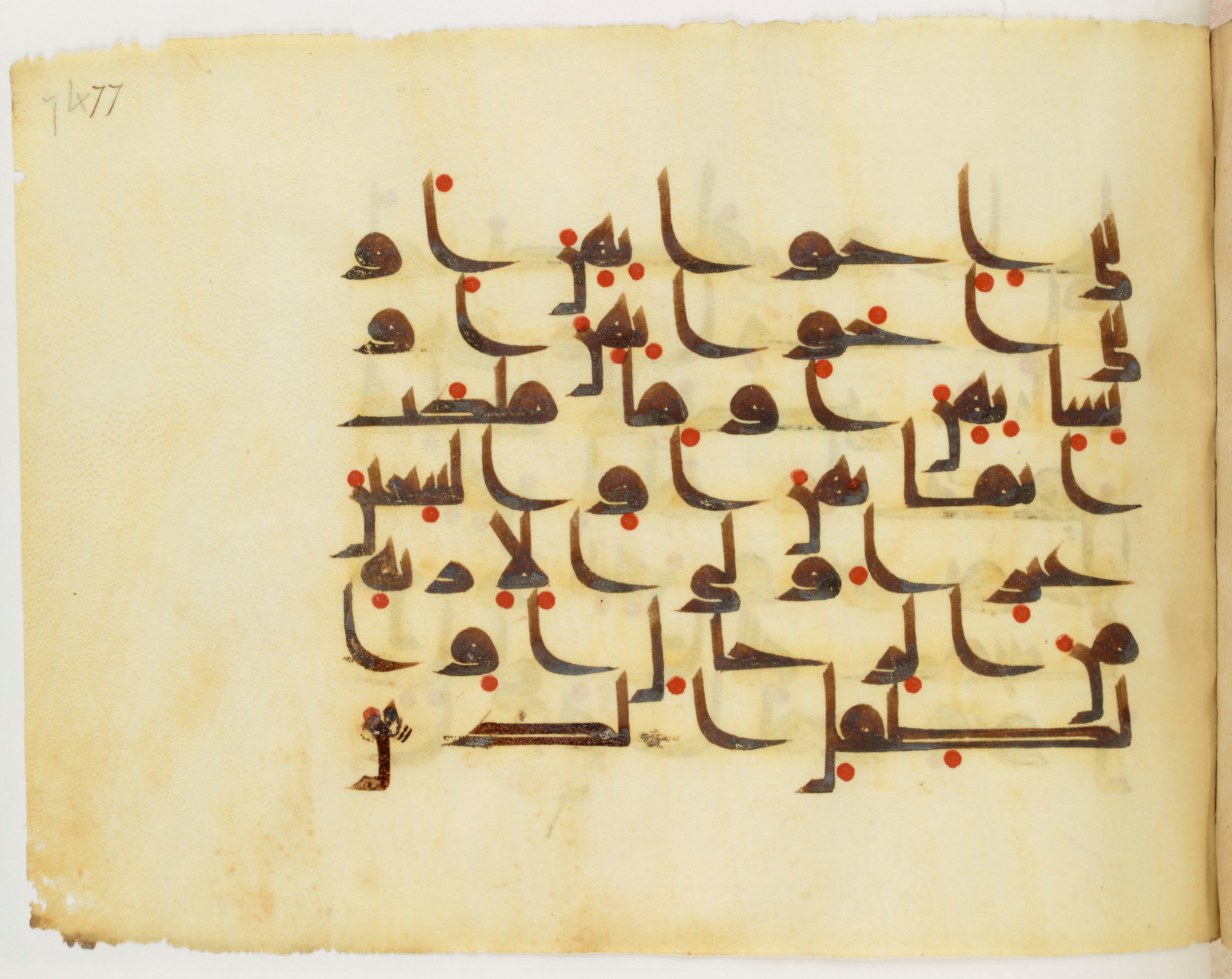 Paris, Bibliothèque nationale de France, Arabe 325 (j) (Scan 3), in Kūfī D.III script, showing Surah 24:31 from Mid 8th to Late 9th Century AD found in Fustat (Old Cairo), Egypt, currently housed at Bibliothèque nationale de France, Paris