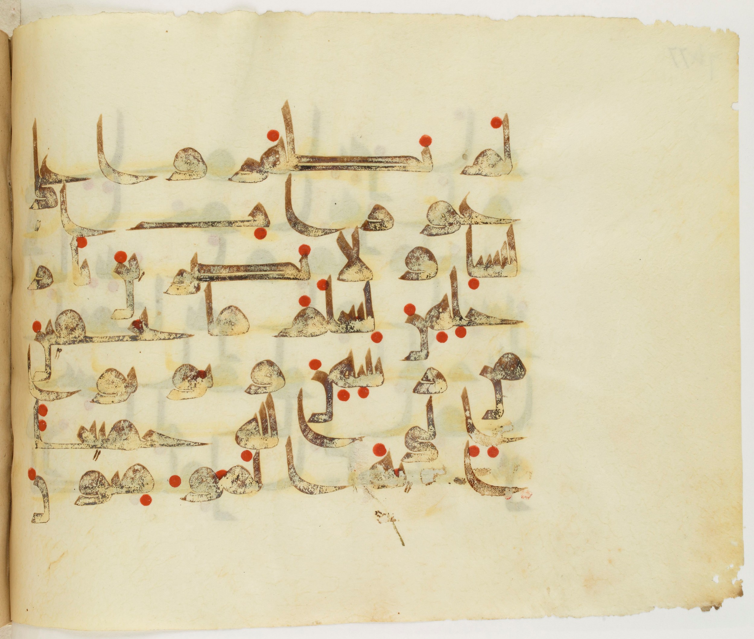 Paris, Bibliothèque nationale de France, Arabe 325 (j) (Scan 4), in Kūfī D.III script, showing Surah 24:31 from Mid 8th to Late 9th Century AD found in Fustat (Old Cairo), Egypt, currently housed at Bibliothèque nationale de France, Paris