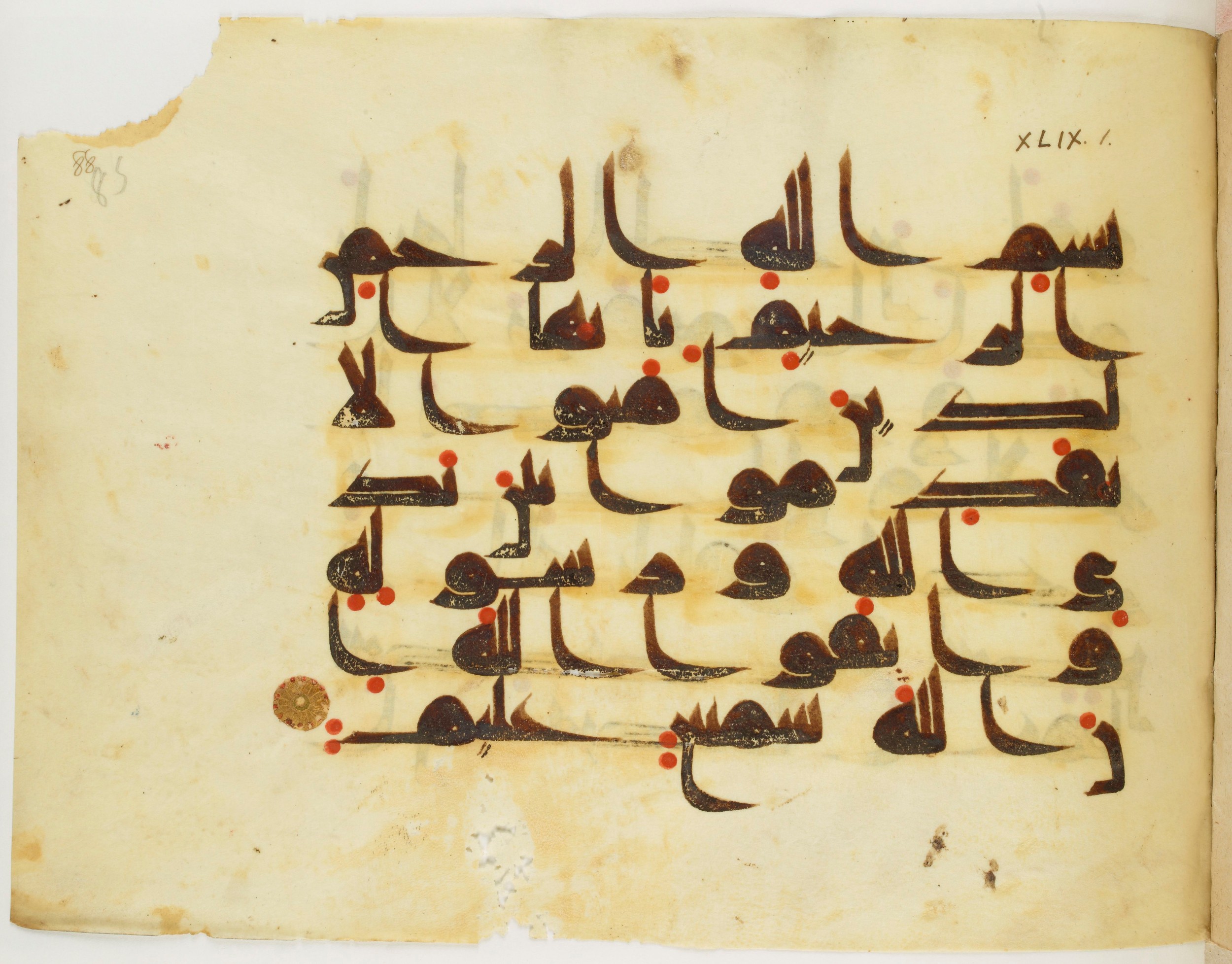 Paris, Bibliothèque nationale de France, Arabe 325 (j), in Kūfī D.III script, showing Surah 49:1 from Mid 8th to Late 9th Century AD found in Fustat (Old Cairo), Egypt, currently housed at Bibliothèque nationale de France, Paris