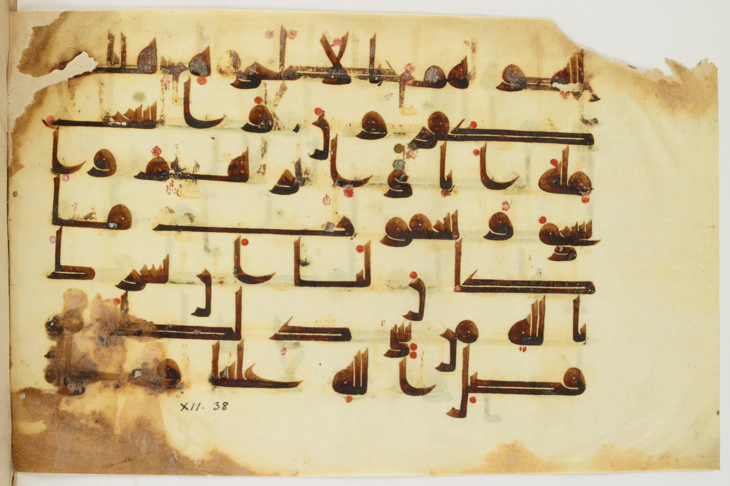 Paris, Bibliothèque nationale de France, Arabe 325 (k) (Scan 2), in Kufic D.I script, showing Surah 12:37 from Mid 8th to Late 9th Century AD found in Fustat (Old Cairo), Egypt, currently housed at Bibliothèque nationale de France, Paris