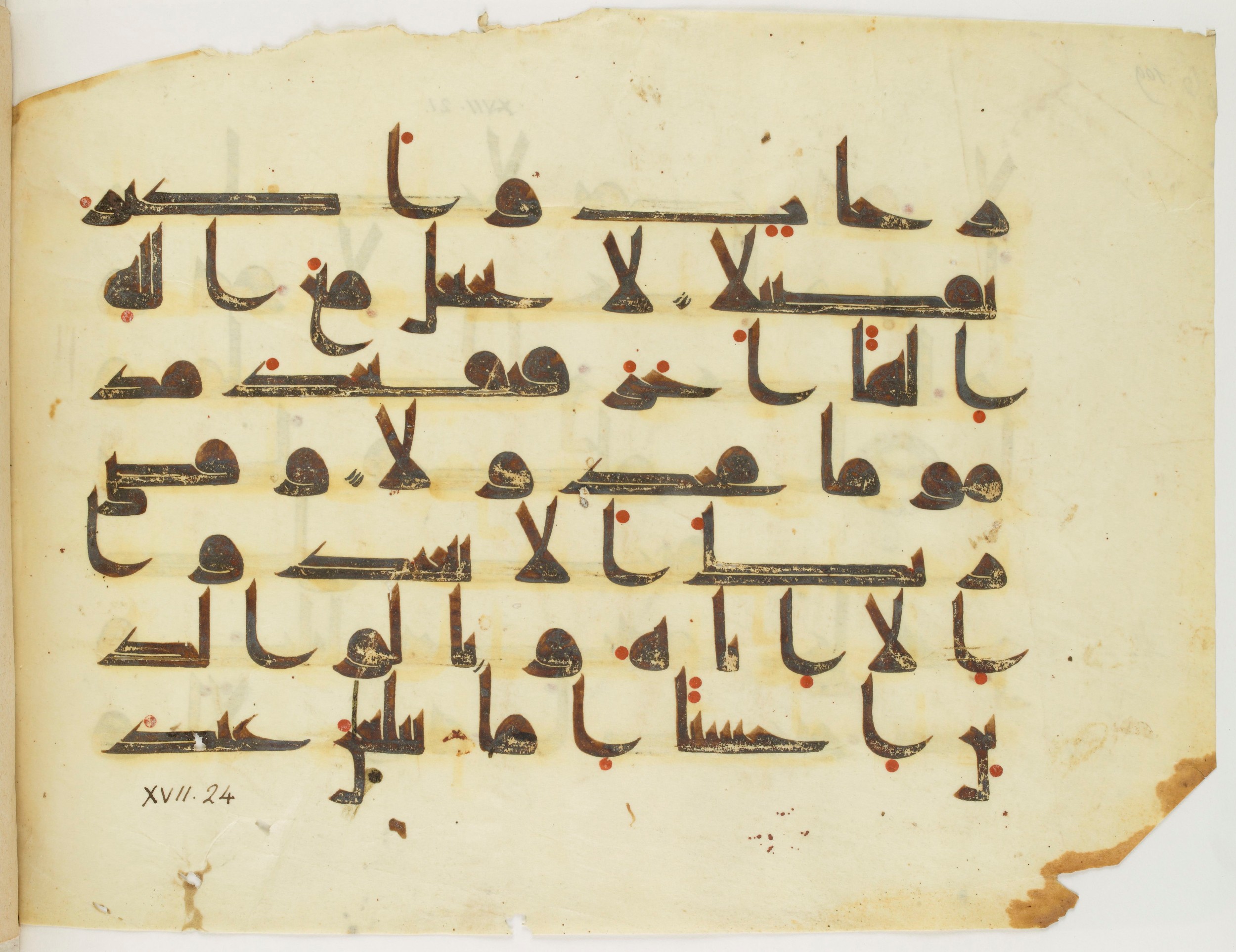 Paris, Bibliothèque nationale de France, Arabe 325 (k) (Scan 2), in Kufic D.I script, showing Surah 17:21 from Mid 8th to Late 9th Century AD found in Fustat (Old Cairo), Egypt, currently housed at Bibliothèque nationale de France, Paris