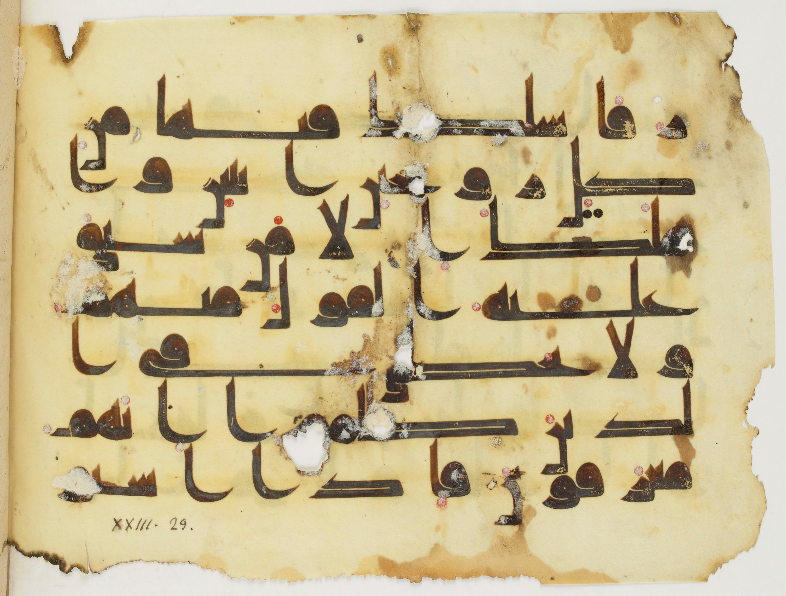 Paris, Bibliothèque nationale de France, Arabe 325 (k) (Scan 1), in Kufic D.I script, showing Surah 23:28 from Mid 8th to Late 9th Century AD found in Fustat (Old Cairo), Egypt, currently housed at Bibliothèque nationale de France, Paris