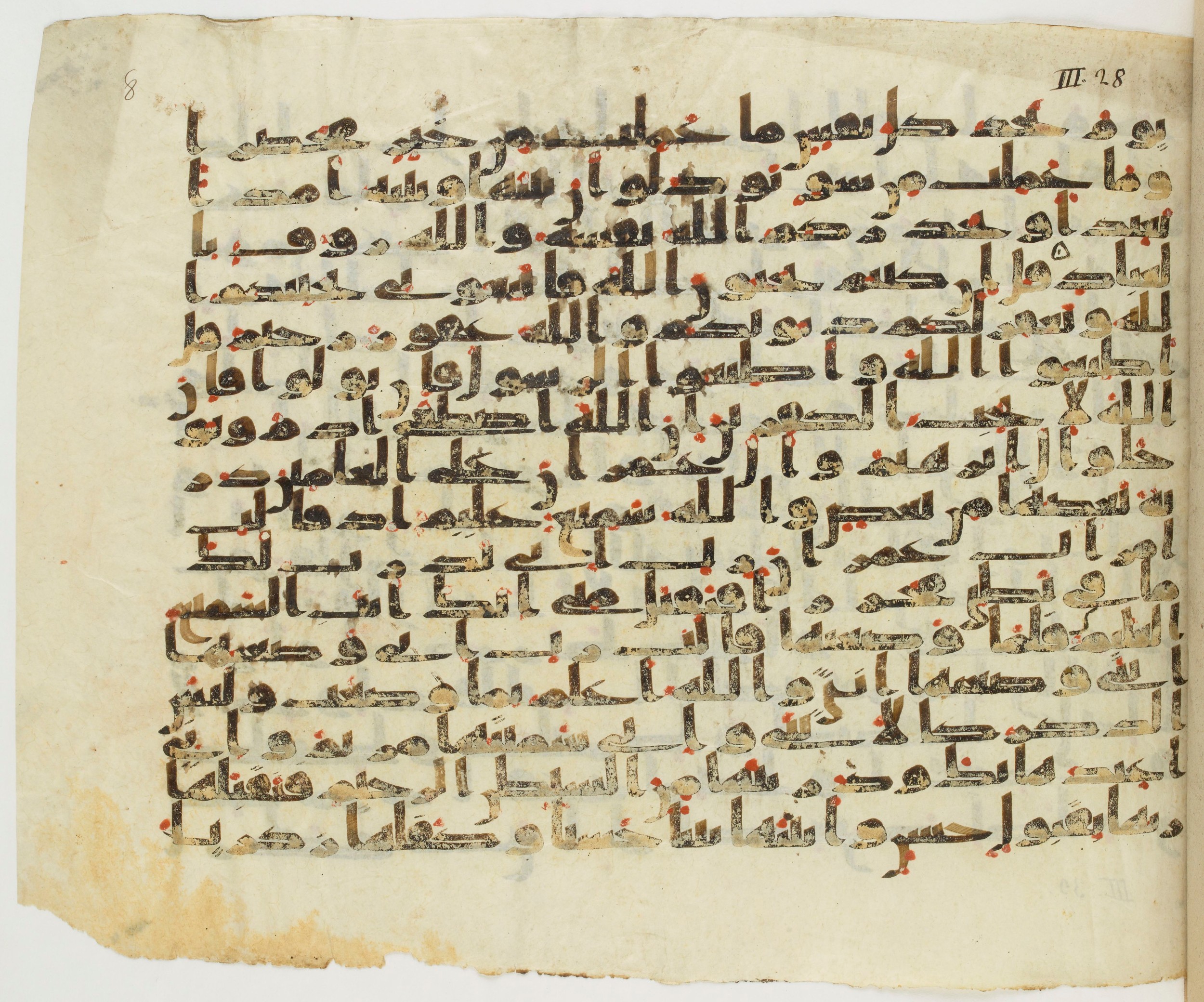 Paris, Bibliothèque nationale de France, Arabe 337 (b), in Kūfī C.Ia script, showing Surah 3:33 from Early 8th to Mid 9th Century AD found in Fustat (Old Cairo), Egypt, currently housed at Bibliothèque nationale de France, Paris
