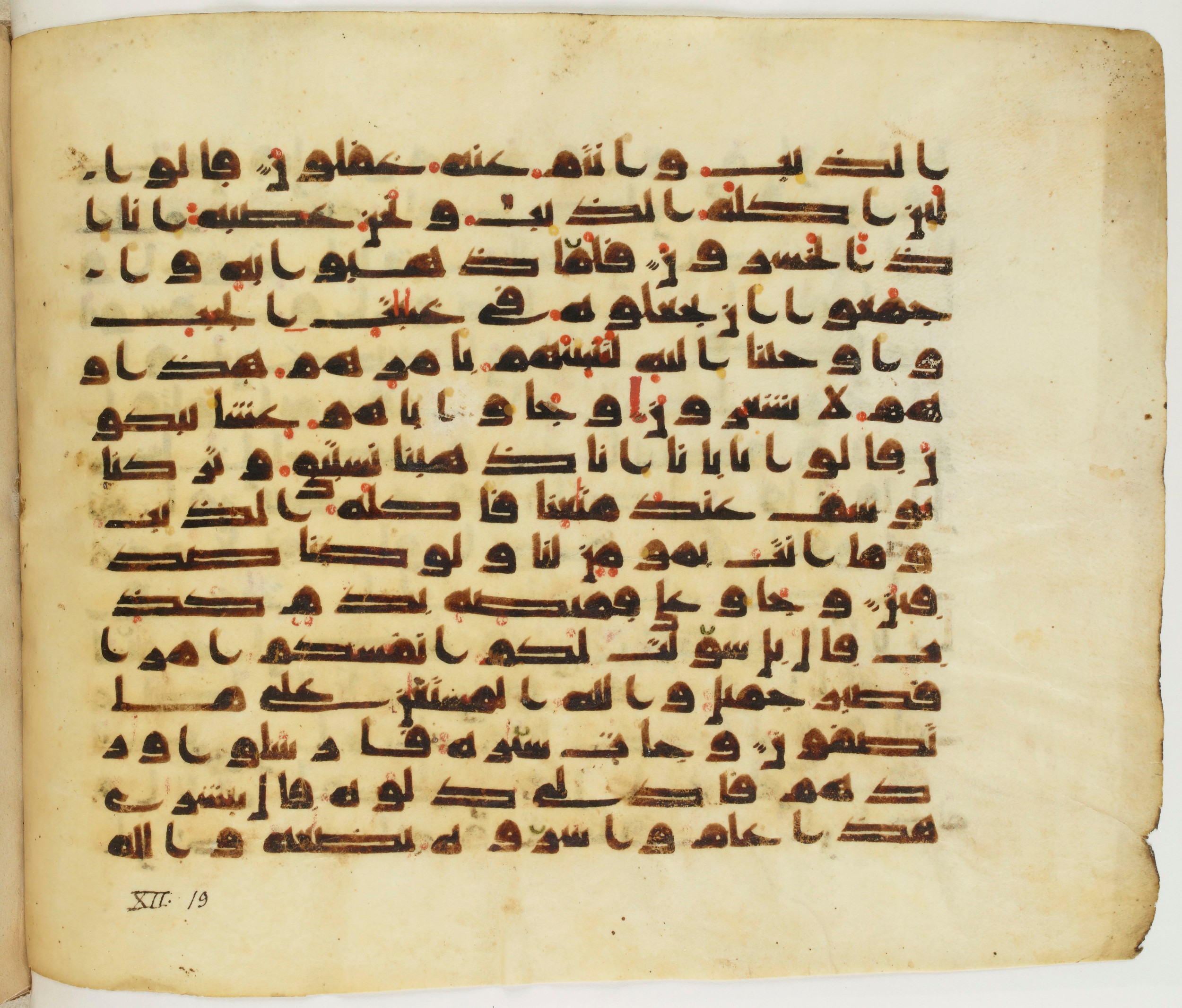 Paris, Bibliothèque nationale de France, Arabe 337 (c) (Scan 2), in Kufic D.IV script, showing Surah 12:13 from Mid 8th to Late 10th Century AD found in Fustat (Old Cairo), Egypt, currently housed at Bibliothèque nationale de France, Paris