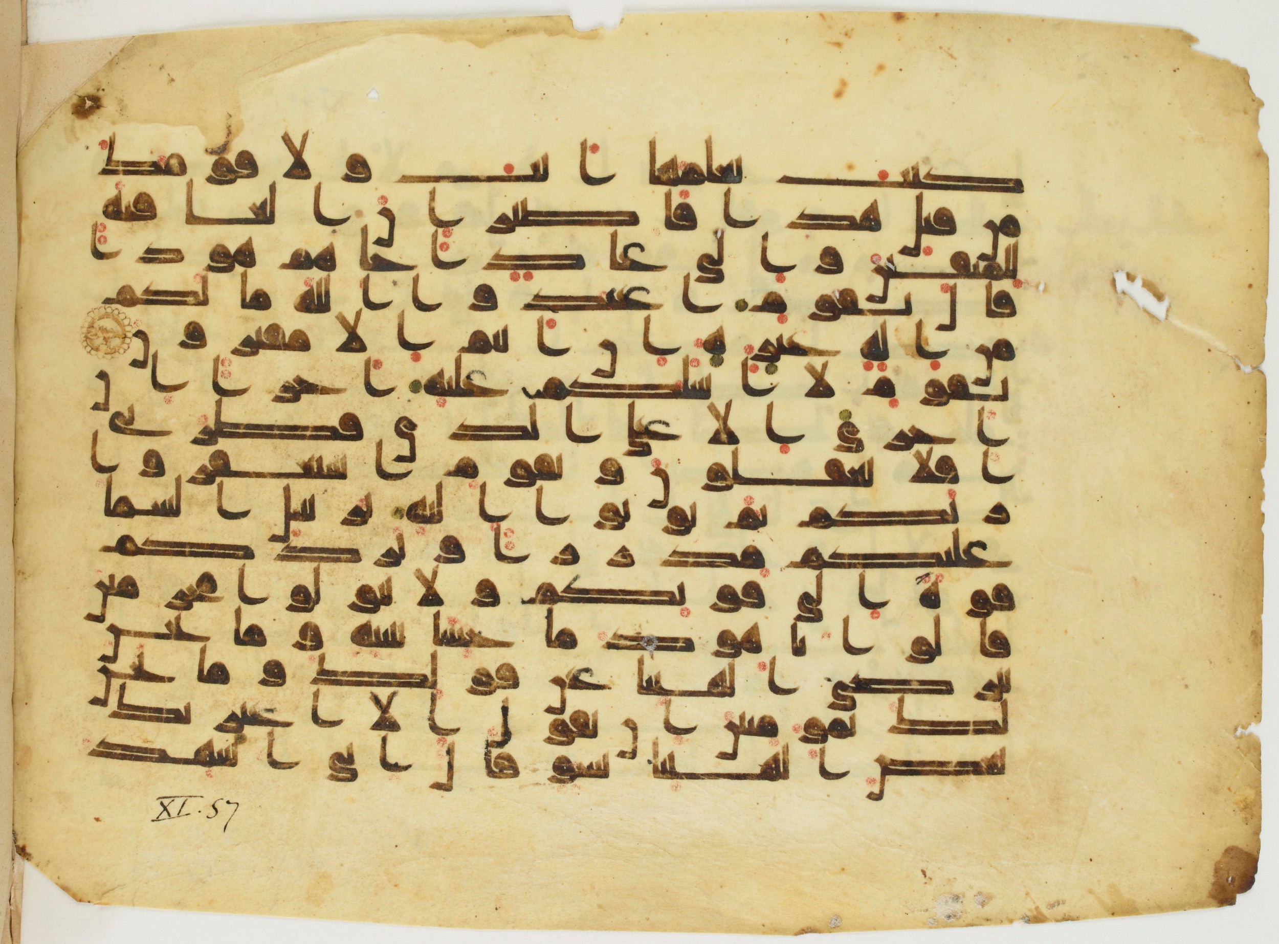 Paris, Bibliothèque nationale de France, Arabe 337 (d) (Scan 2), in Kūfī D.I script, showing Surah 11:49 from 8th to 9th Century AD found in Fustat (Old Cairo), Egypt, currently housed at Bibliothèque nationale de France, Paris