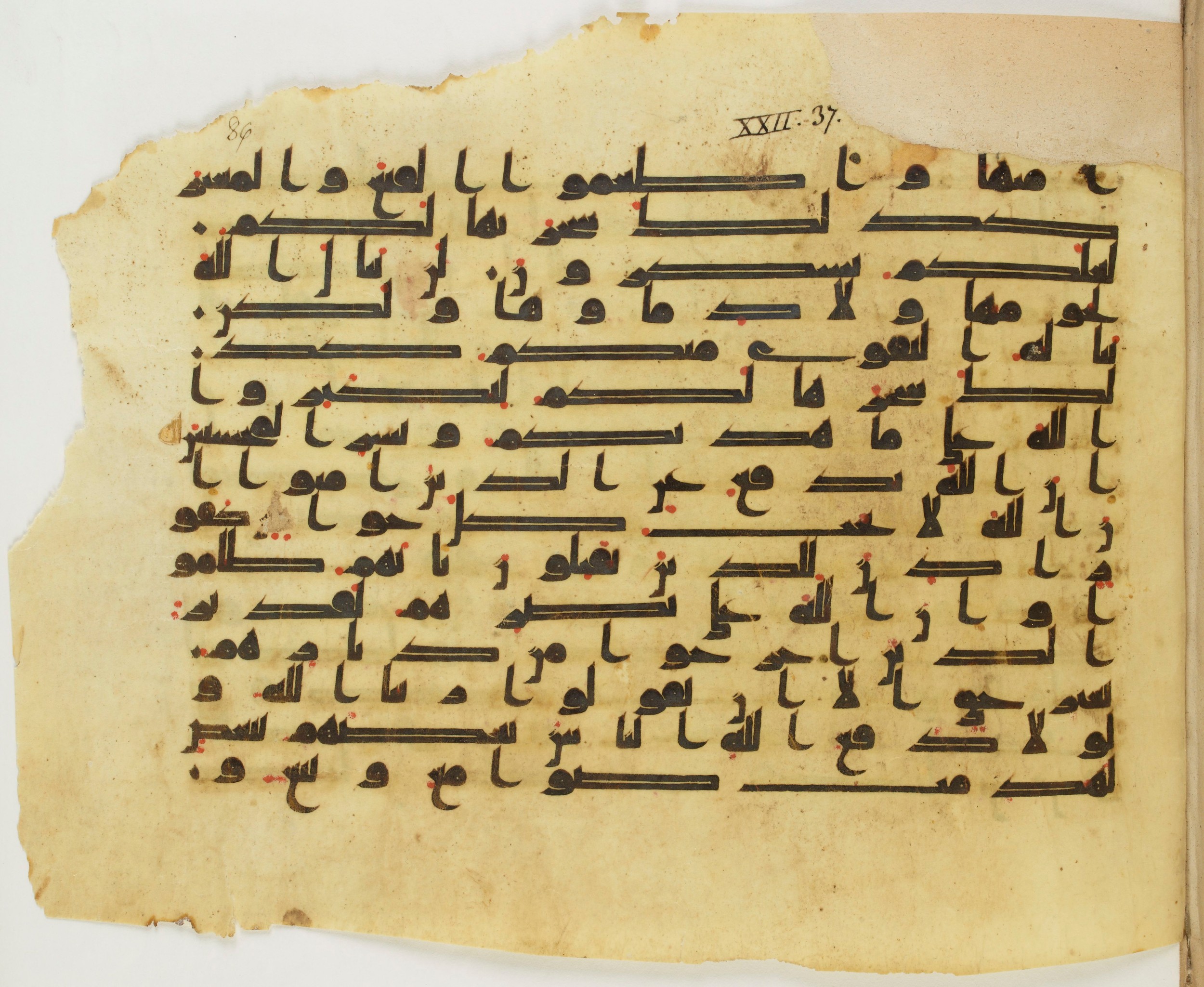 Paris, Bibliothèque nationale de France, Arabe 337 (e), in kūfī D.IV script, showing Surah 22:39 from Mid 8th to Late 10th Century AD found in Fustat (Old Cairo), Egypt, currently housed at Bibliothèque nationale de France, Paris