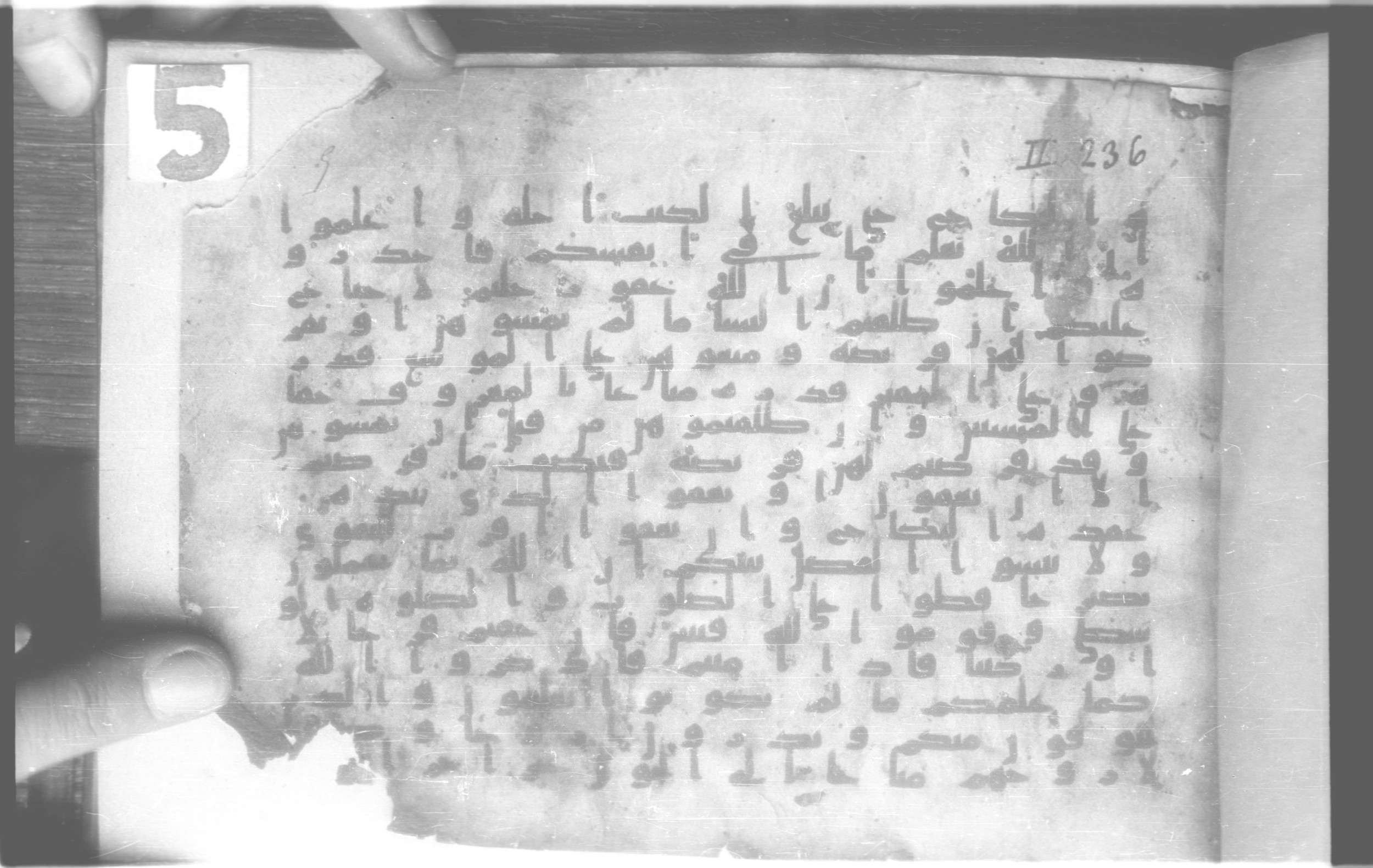 Paris, Bibliothèque nationale de France, Arabe 329 (b) (Scan 2), in Kufic B.II script, showing Surah 2:239 from Mid 8th to Late 9th Century AD found in Fustat (Old Cairo), Egypt, currently housed at Bibliothèque nationale de France, Paris