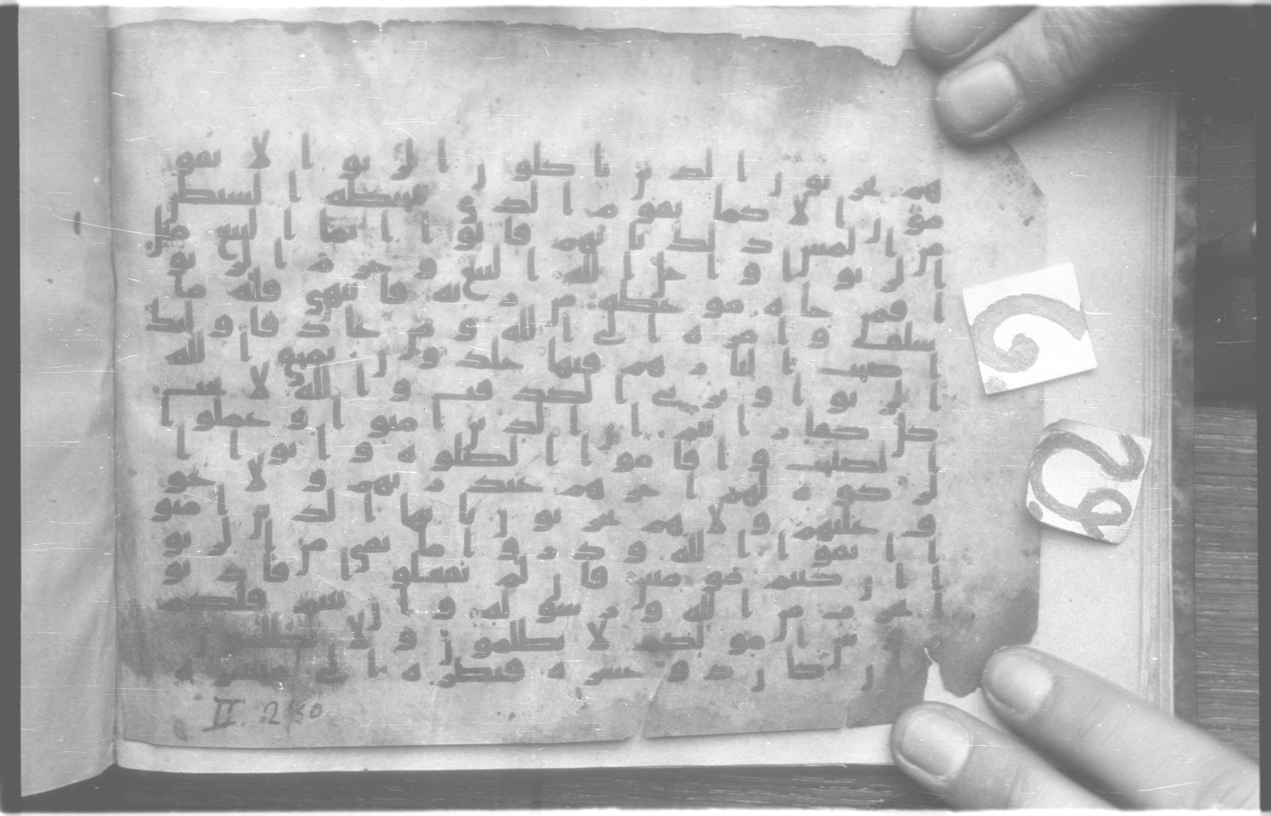 Paris, Bibliothèque nationale de France, Arabe 329 (b) (Scan 4), in Kufic B.II script, showing Surah 2:274 from Mid 8th to Late 9th Century AD found in Fustat (Old Cairo), Egypt, currently housed at Bibliothèque nationale de France, Paris
