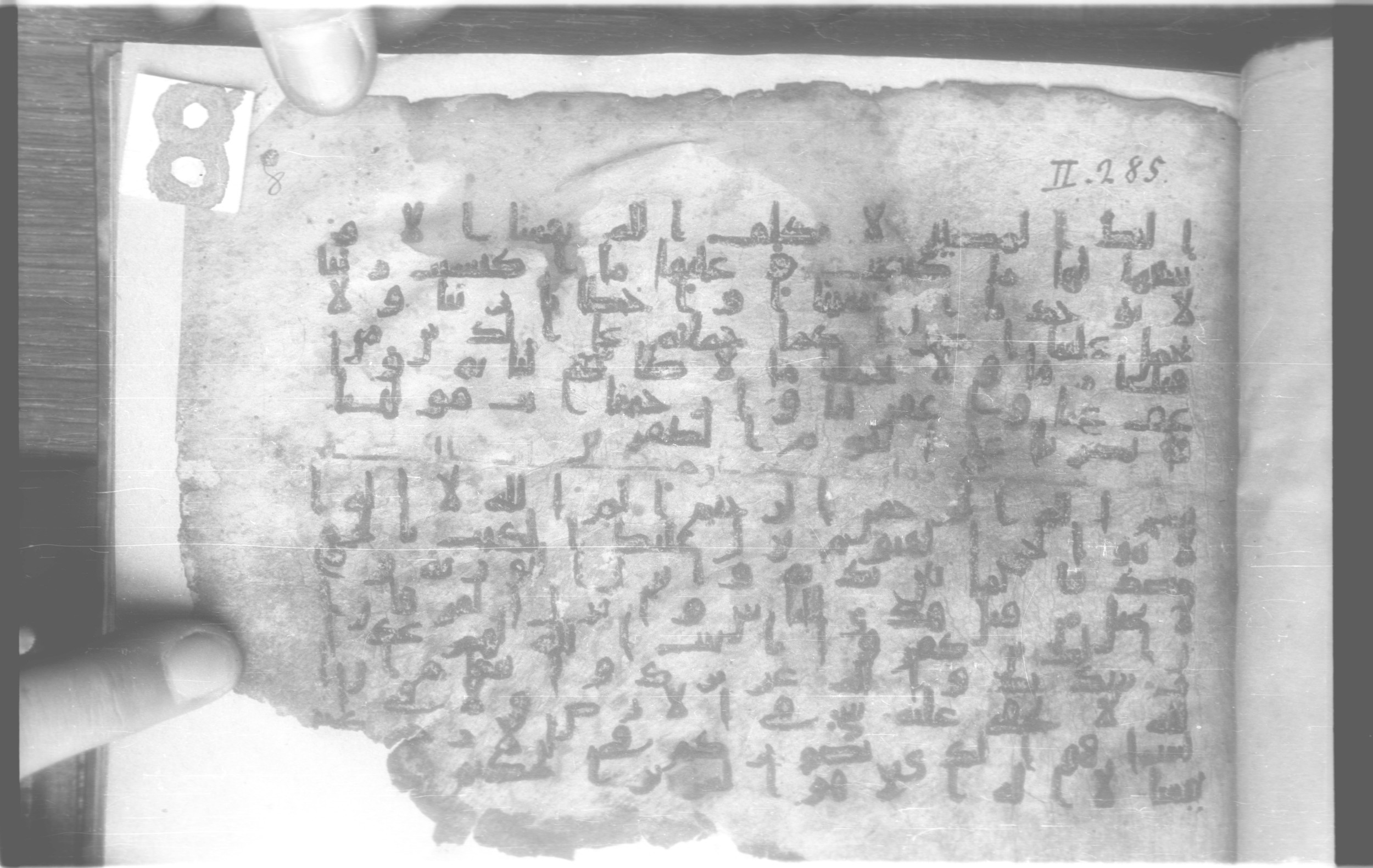 Paris, Bibliothèque nationale de France, Arabe 329 (b) (Scan 2), in Kufic B.II script, showing Surah 2:286 from Mid 8th to Late 9th Century AD found in Fustat (Old Cairo), Egypt, currently housed at Bibliothèque nationale de France, Paris