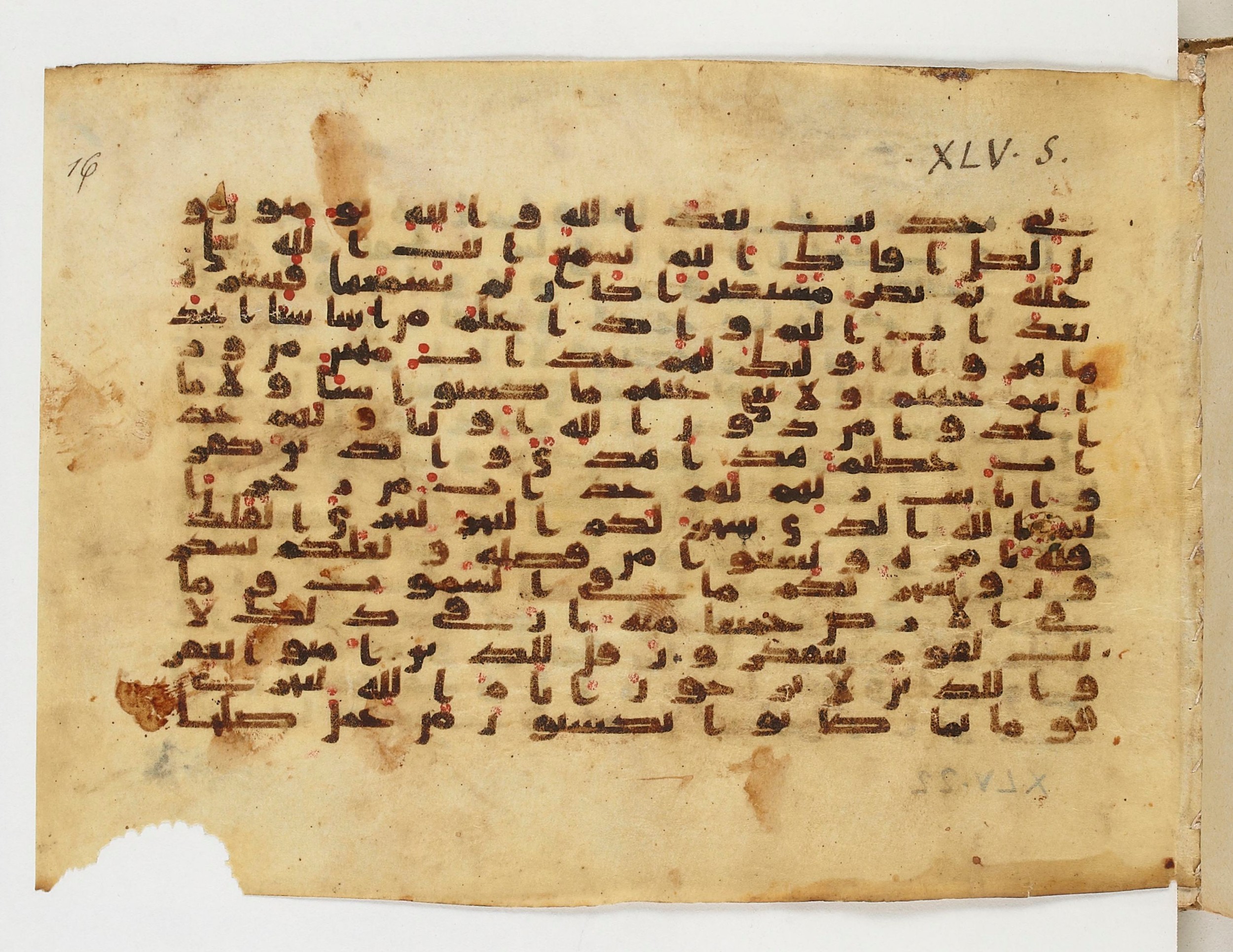 Paris, Bibliothèque nationale de France, Arabe 329 (c) (Scan 1), in Kufic B.II script, showing Surah 45:13 from Mid 8th to Late 9th Century AD found in Fustat (Old Cairo), Egypt, currently housed at Bibliothèque nationale de France, Paris