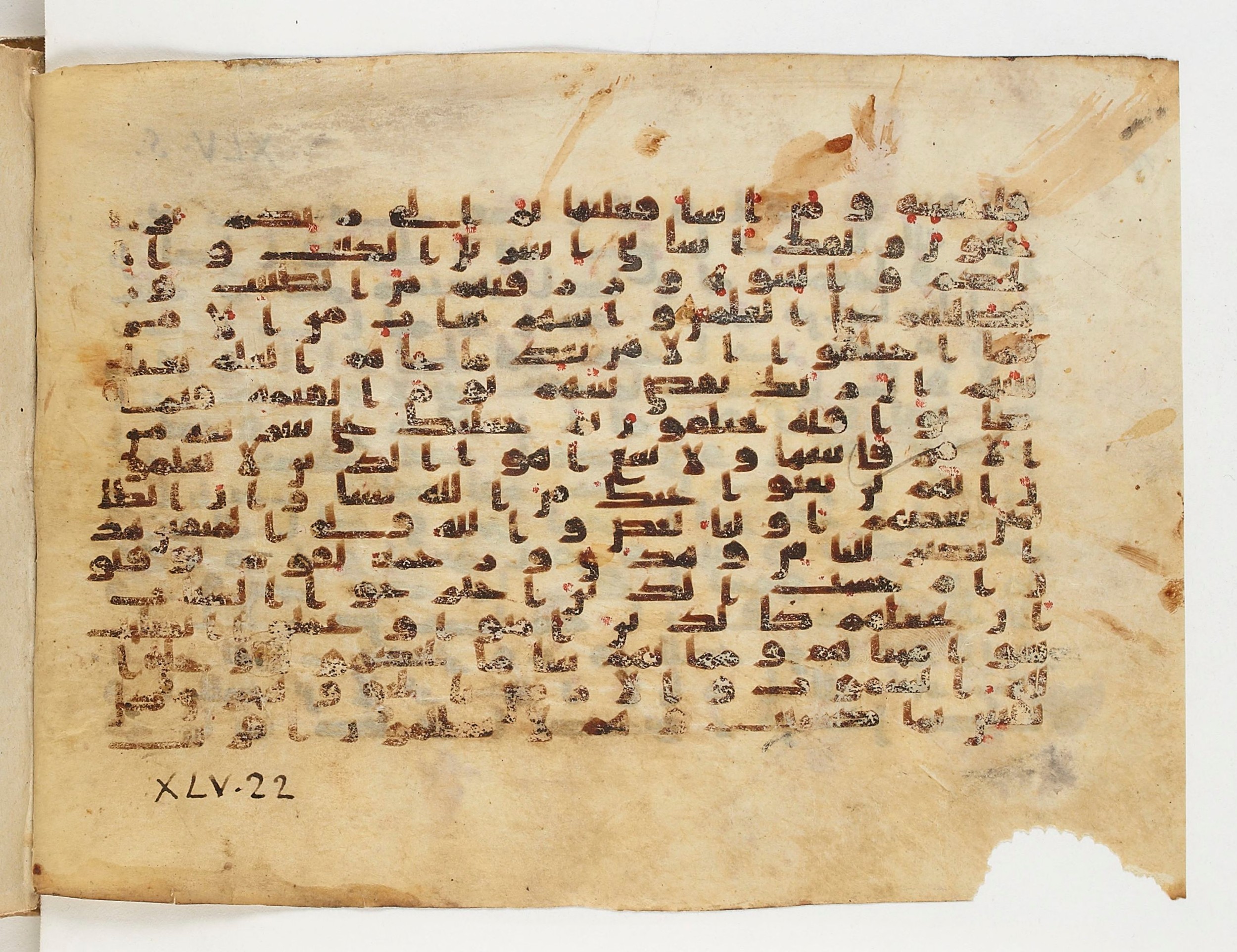 Paris, Bibliothèque nationale de France, Arabe 329 (c) (Scan 1), in Kufic B.II script, showing Surah 45:16 from Mid 8th to Late 9th Century AD found in Fustat (Old Cairo), Egypt, currently housed at Bibliothèque nationale de France, Paris