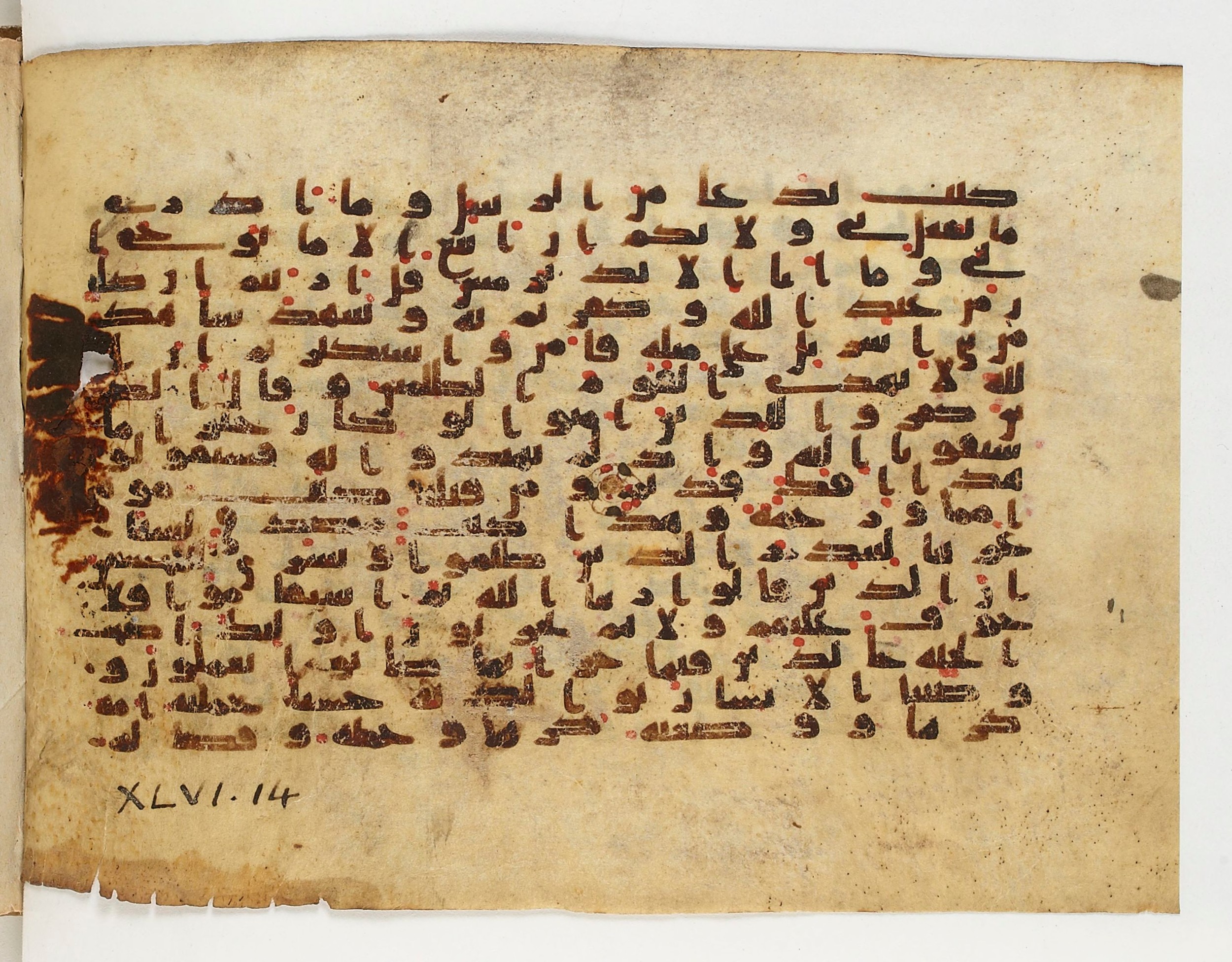 Paris, Bibliothèque nationale de France, Arabe 329 (c) (Scan 1), in Kufic B.II script, showing Surah 46:13 from Mid 8th to Late 9th Century AD found in Fustat (Old Cairo), Egypt, currently housed at Bibliothèque nationale de France, Paris