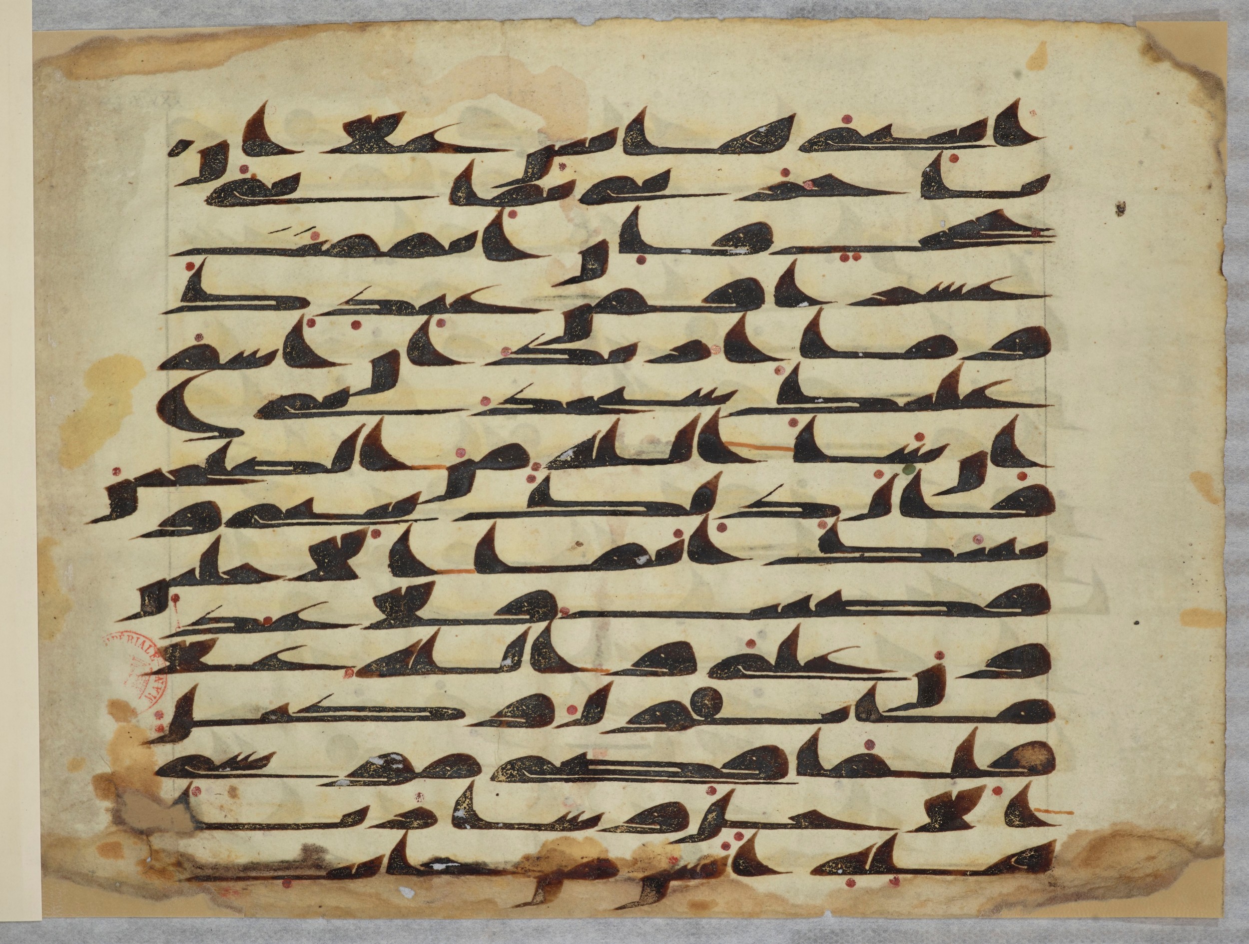 Arabe 334 (d) (Scan 2), in Unclassified script, showing Surah 28:29 from 8th to 9th Century AD found in al-Fusṭāṭ (Old Cairo), Egypt, currently housed at Bibliothèque nationale de France, Paris