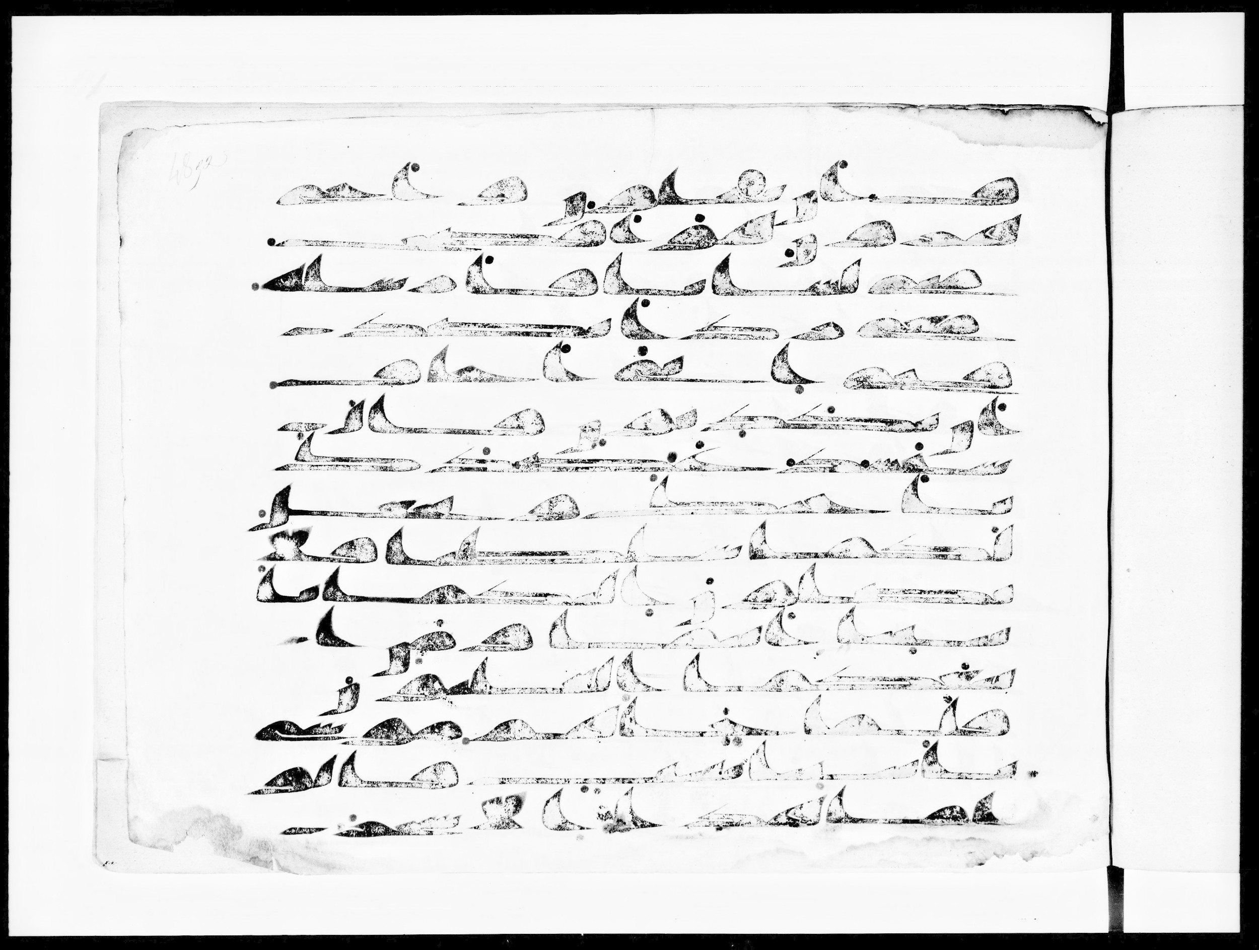 Arabe 334 (d) (Scan 1), in Unclassified script, showing Surah 28:35 from 8th to 9th Century AD found in al-Fusṭāṭ (Old Cairo), Egypt, currently housed at Bibliothèque nationale de France, Paris