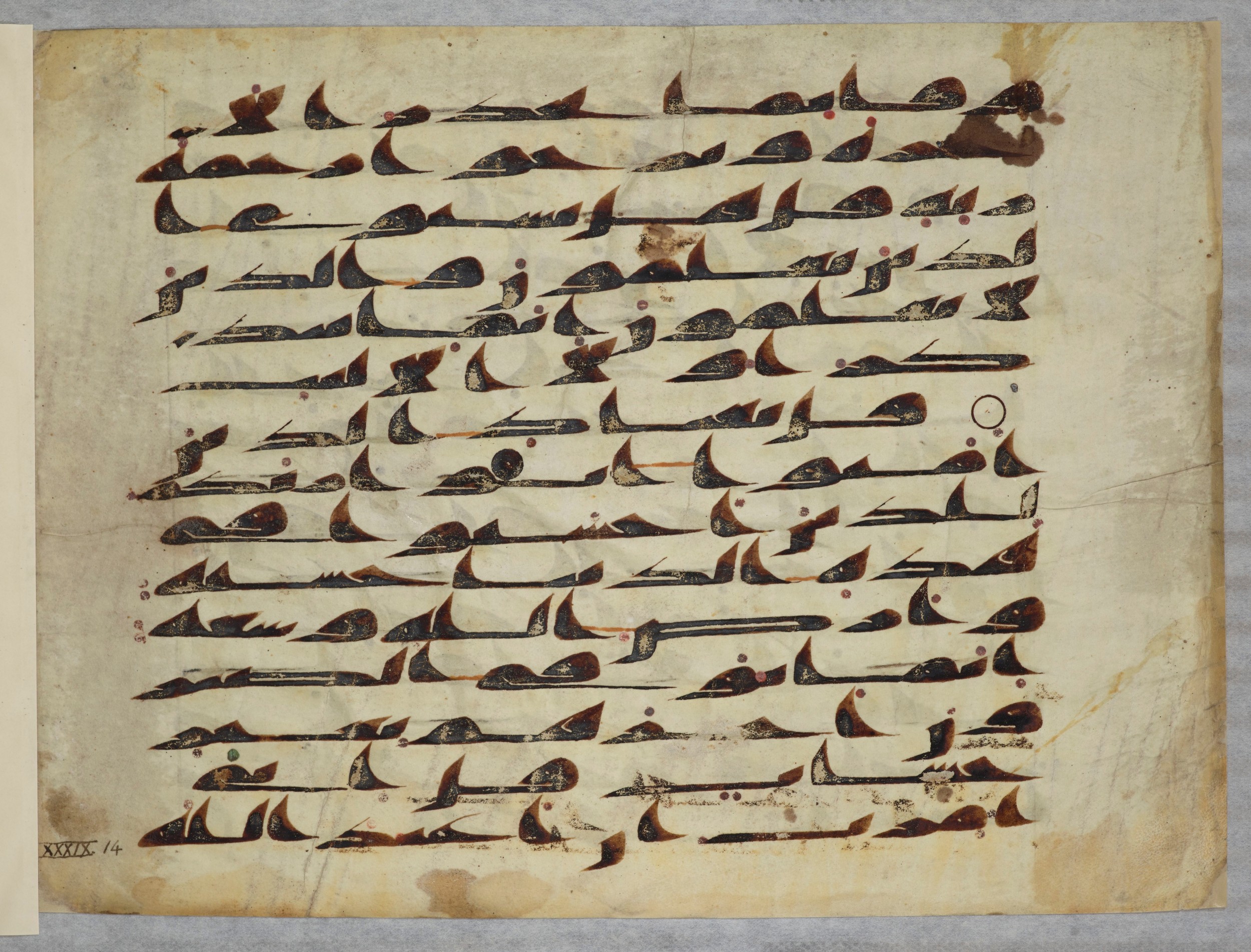 Arabe 334 (d) (Scan 4), in Unclassified script, showing Surah 39:9 from 8th to 9th Century AD found in al-Fusṭāṭ (Old Cairo), Egypt, currently housed at Bibliothèque nationale de France, Paris