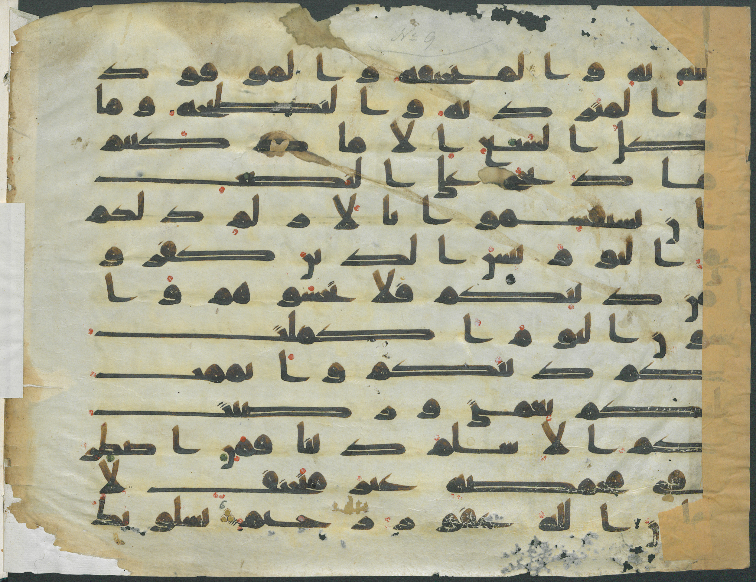 Paris, Bibliothèque nationale de France, Arabe 334 (f), in kūfī D.IV script, showing Surah 5:4 from 8th to 9th Century AD found in al-Fusṭāṭ (Old Cairo), Egypt, currently housed at Bibliothèque nationale de France, Paris