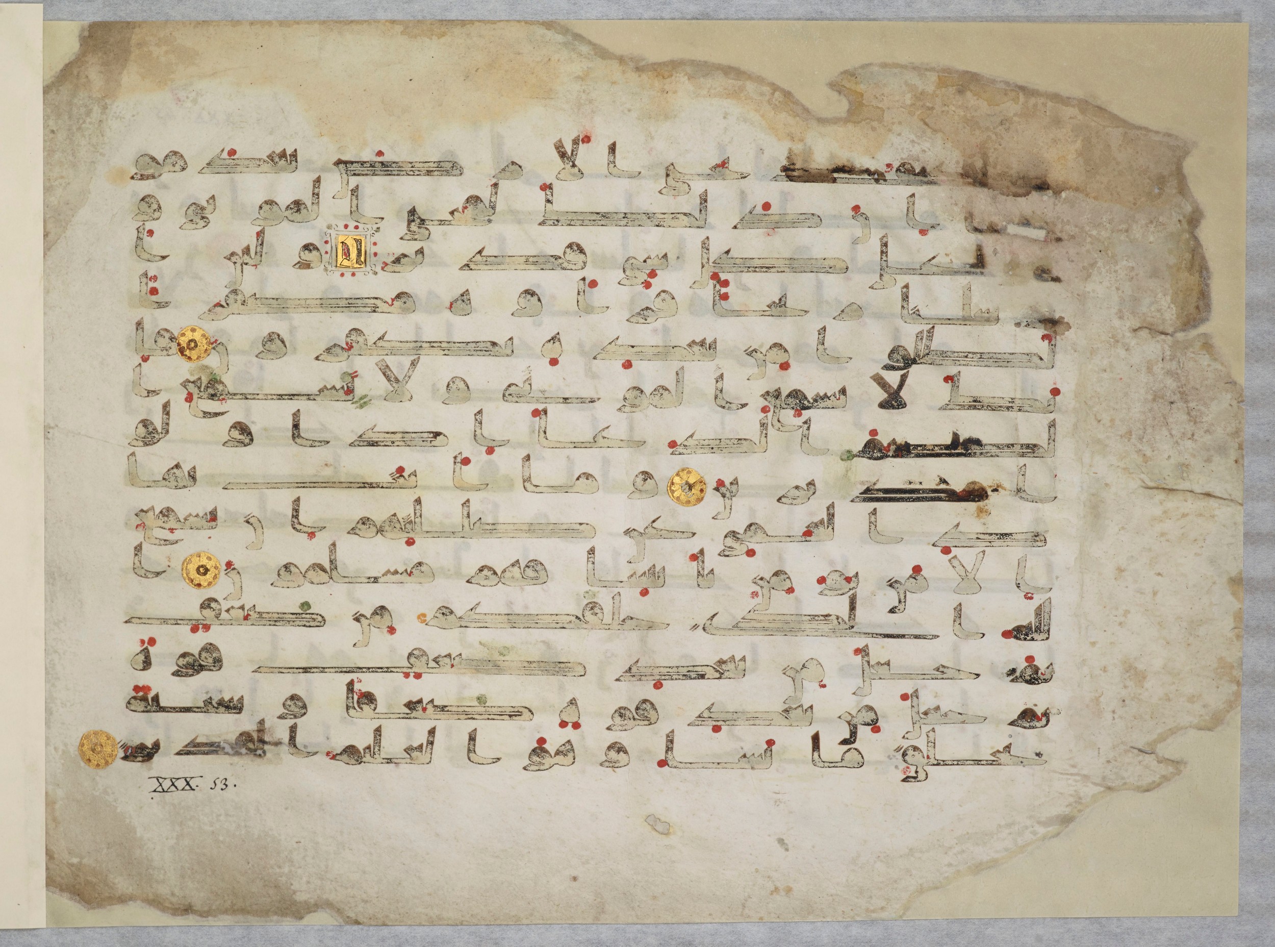 Paris, Bibliothèque nationale de France, Arabe 334 (g) (Scan 2), in Kūfī D.IV script, showing Surah 30:52 from 8th to 9th Century AD found in al-Fus
