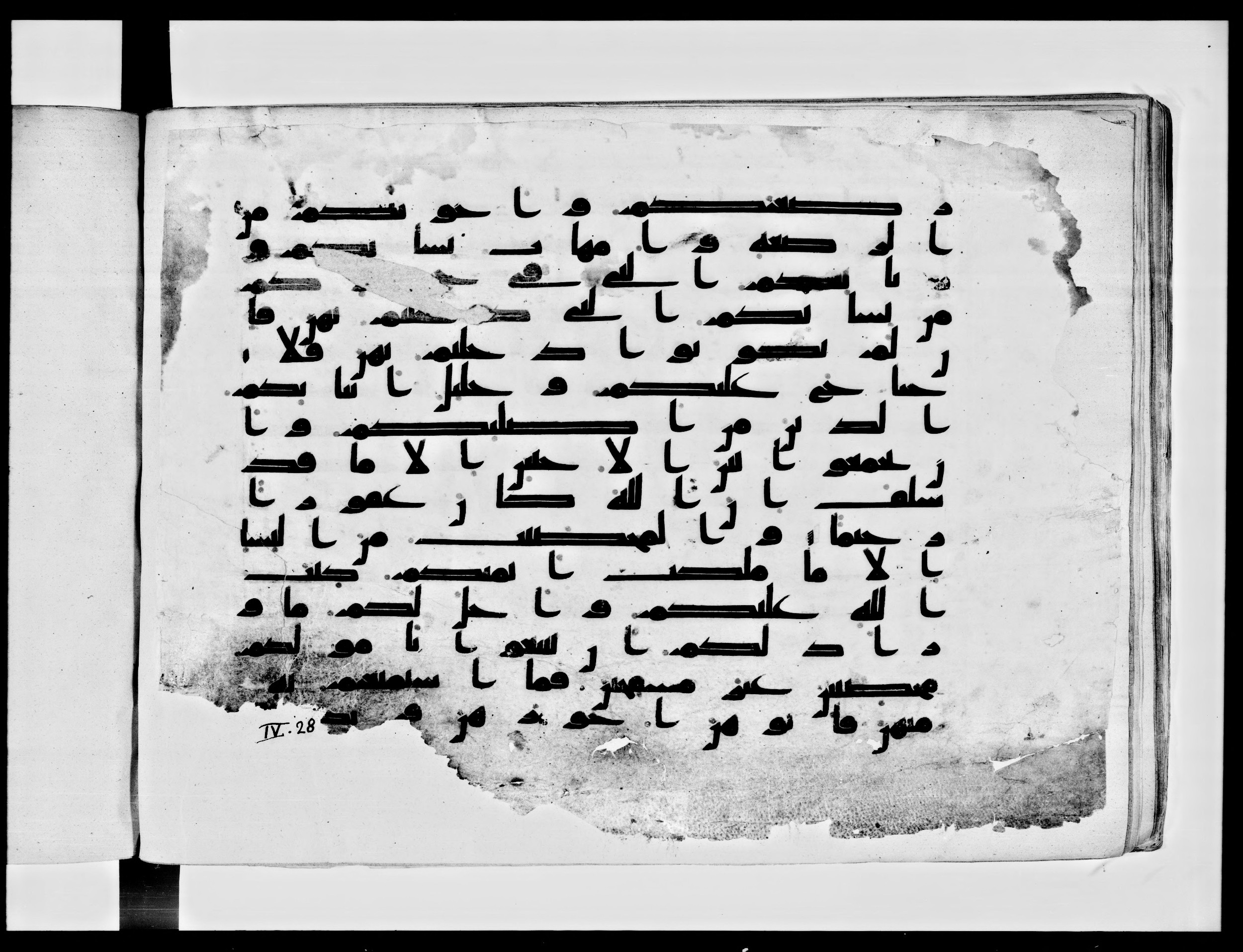 Paris, Bibliothèque nationale de France, Arabe 334 (h) (Scan 1), in Kufic B.II script, showing Surah 4:24 from 8th to 9th Century AD found in Fustat (Old Cairo), Egypt, currently housed at Bibliothèque nationale de France, Paris