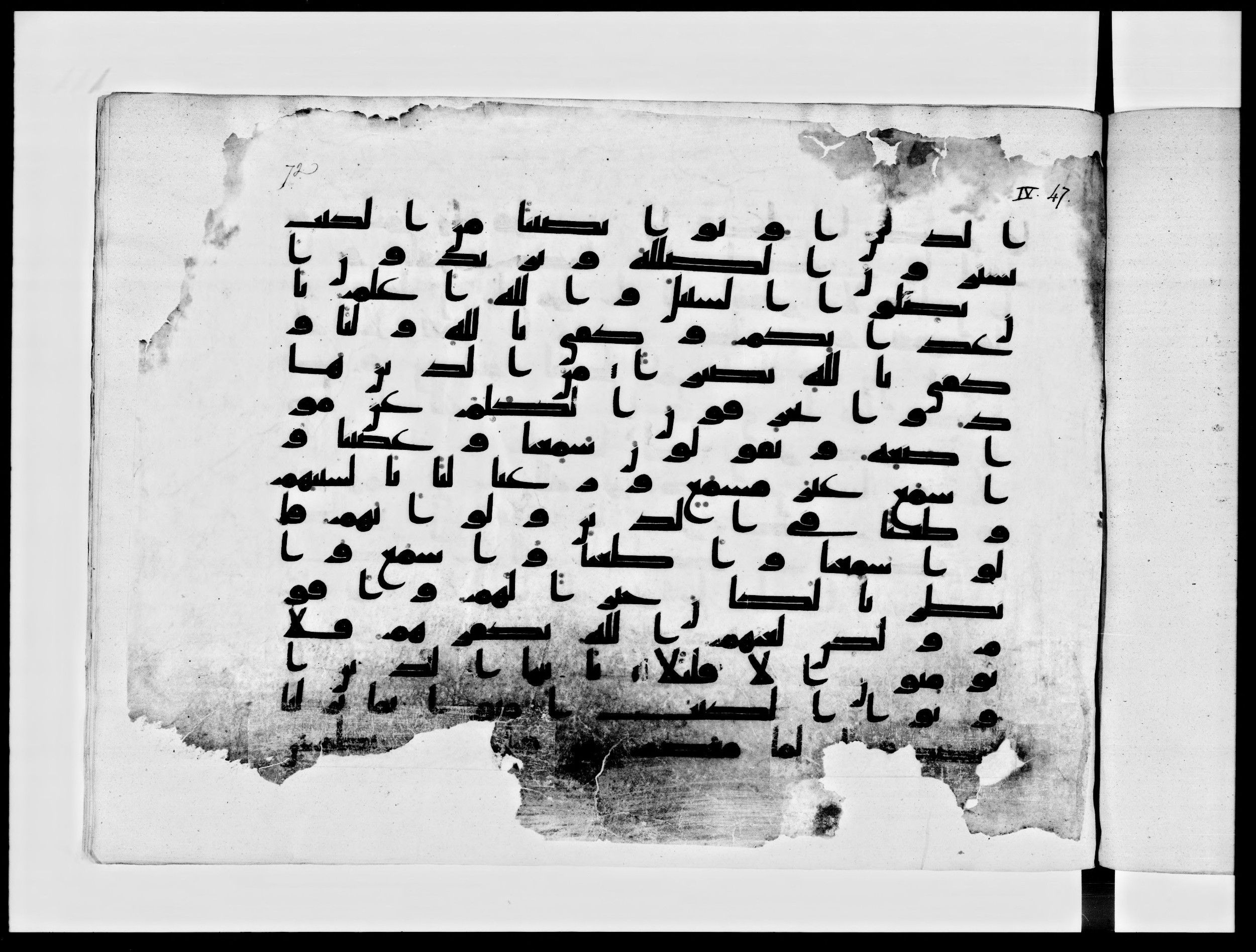 Paris, Bibliothèque nationale de France, Arabe 334 (h) (Scan 3), in Kufic B.II script, showing Surah 4:44 from 8th to 9th Century AD found in Fustat (Old Cairo), Egypt, currently housed at Bibliothèque nationale de France, Paris