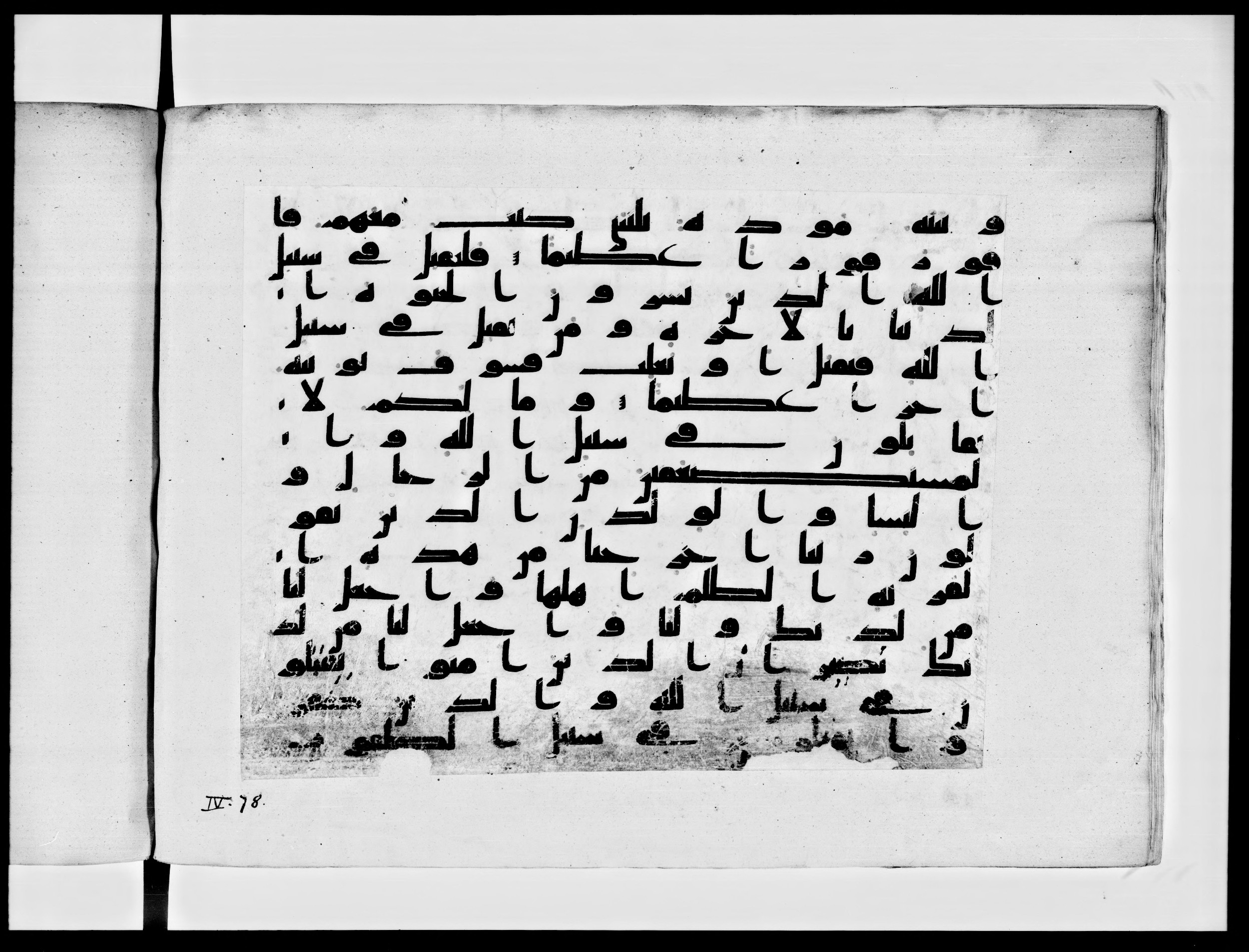 Paris, Bibliothèque nationale de France, Arabe 334 (h) (Scan 1), in Kufic B.II script, showing Surah 4:76 from 8th to 9th Century AD found in Fustat (Old Cairo), Egypt, currently housed at Bibliothèque nationale de France, Paris