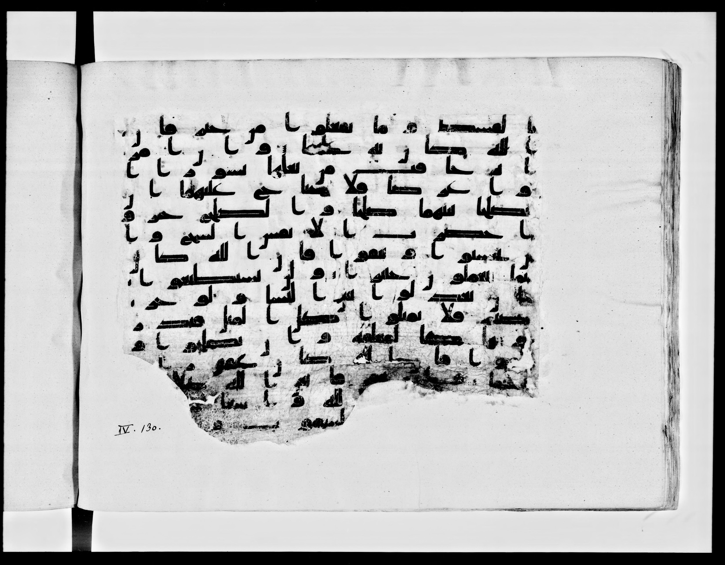 Paris, Bibliothèque nationale de France, Arabe 334 (h) (Scan 1), in Kufic B.II script, showing Surah 4:129 from 8th to 9th Century AD found in Fustat (Old Cairo), Egypt, currently housed at Bibliothèque nationale de France, Paris