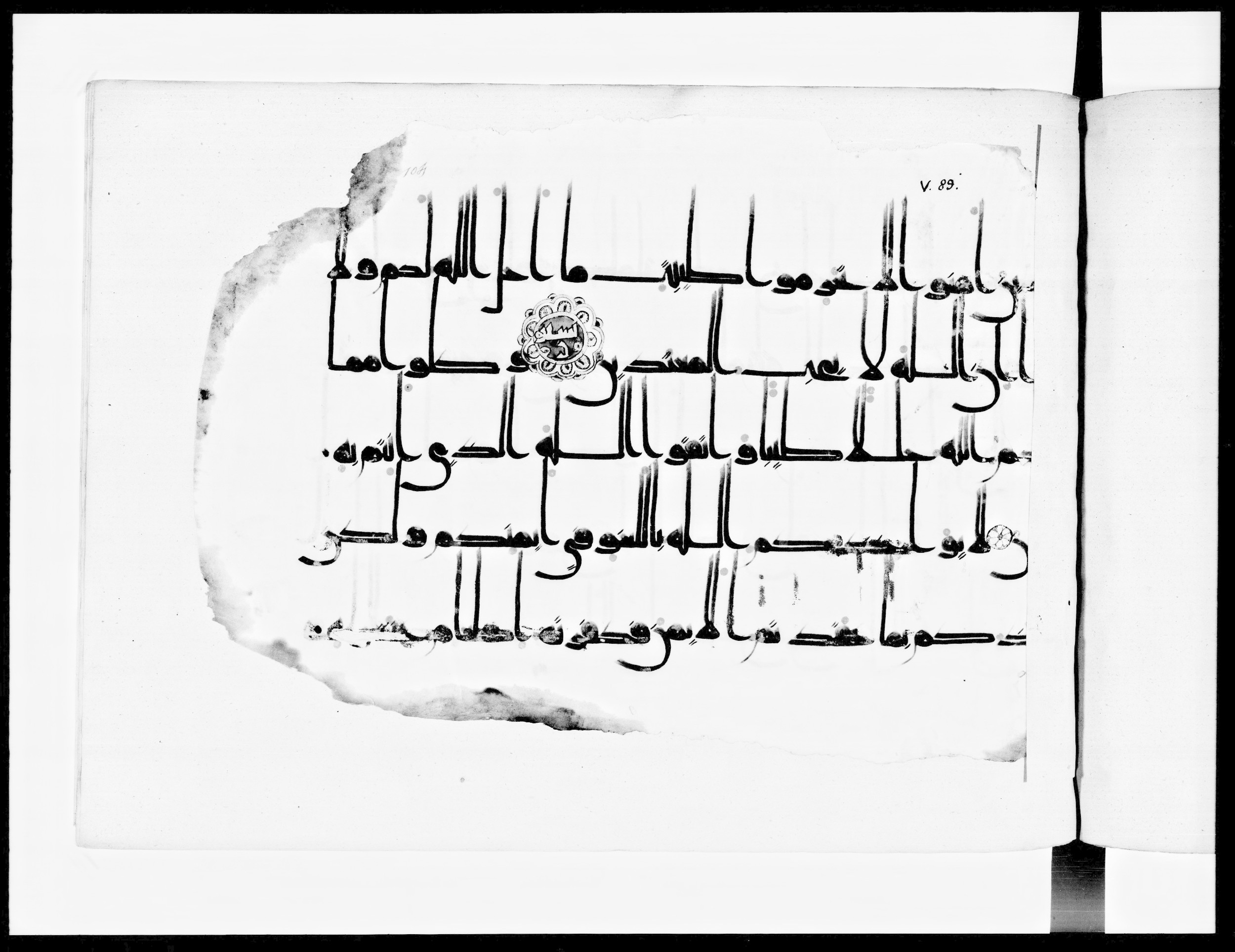 Arabe 334 (j) (Scan 1), in D V c script, showing Surah 5:87 from 9th to 10th Century AD found in Fustat (Old Cairo), Egypt, currently housed at Bibliothèque nationale de France, Paris