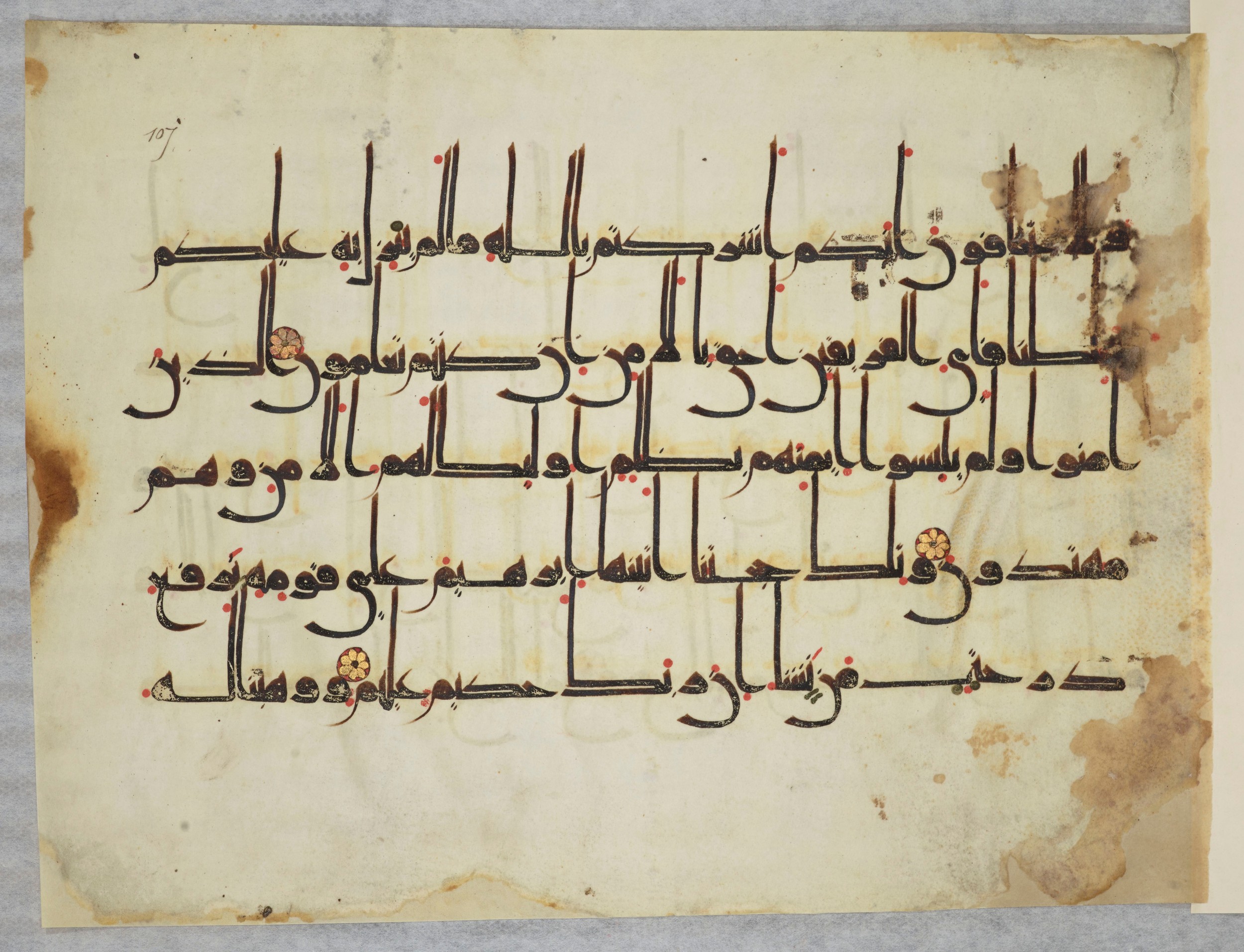 Arabe 334 (j) (Scan 2), in D V c script, showing Surah 6:83 from 9th to 10th Century AD found in Fustat (Old Cairo), Egypt, currently housed at Bibliothèque nationale de France, Paris