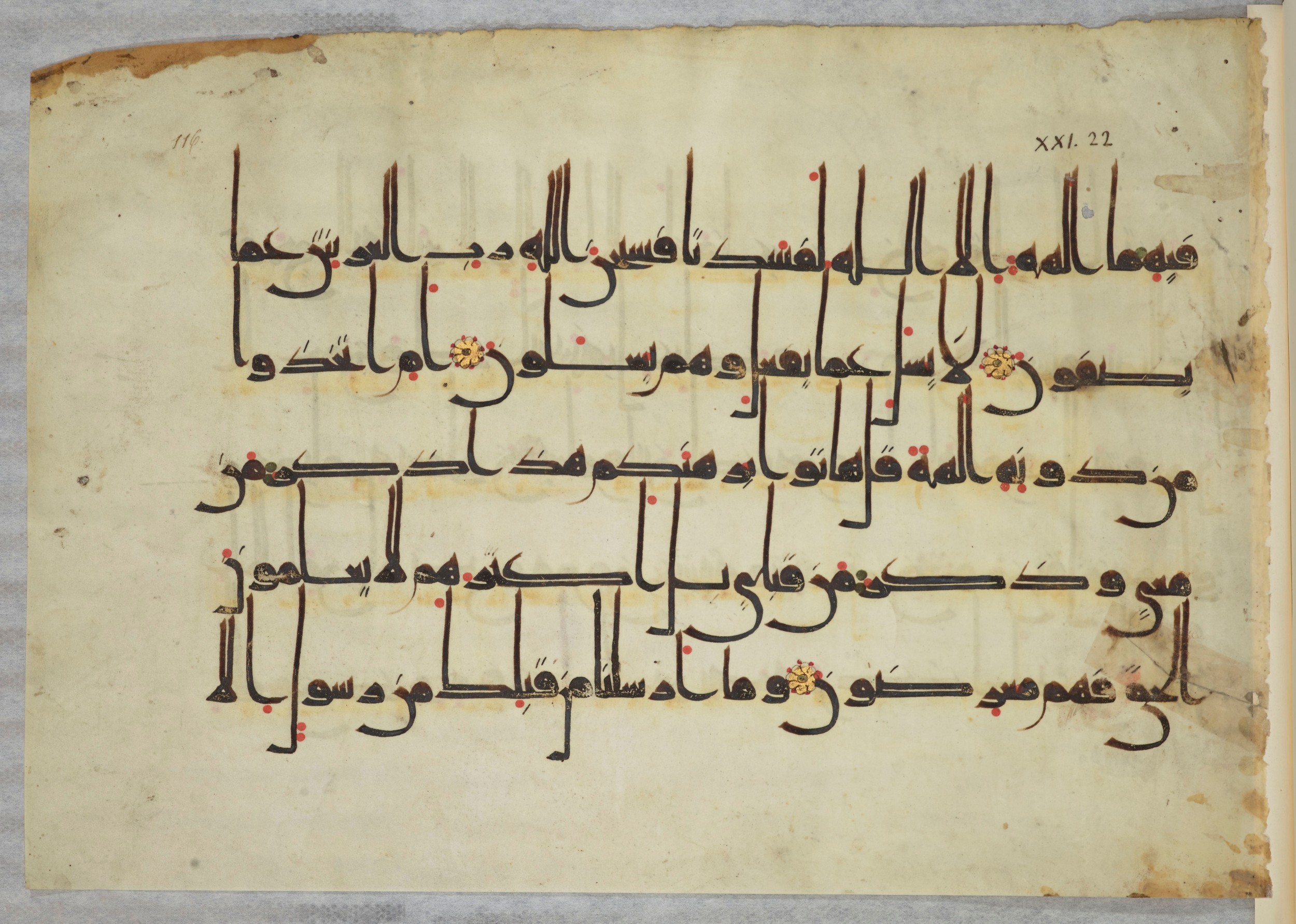 Arabe 334 (j) (Scan 2), in D V c script, showing Surah 21:22 from 9th to 10th Century AD found in Fustat (Old Cairo), Egypt, currently housed at Bibliothèque nationale de France, Paris