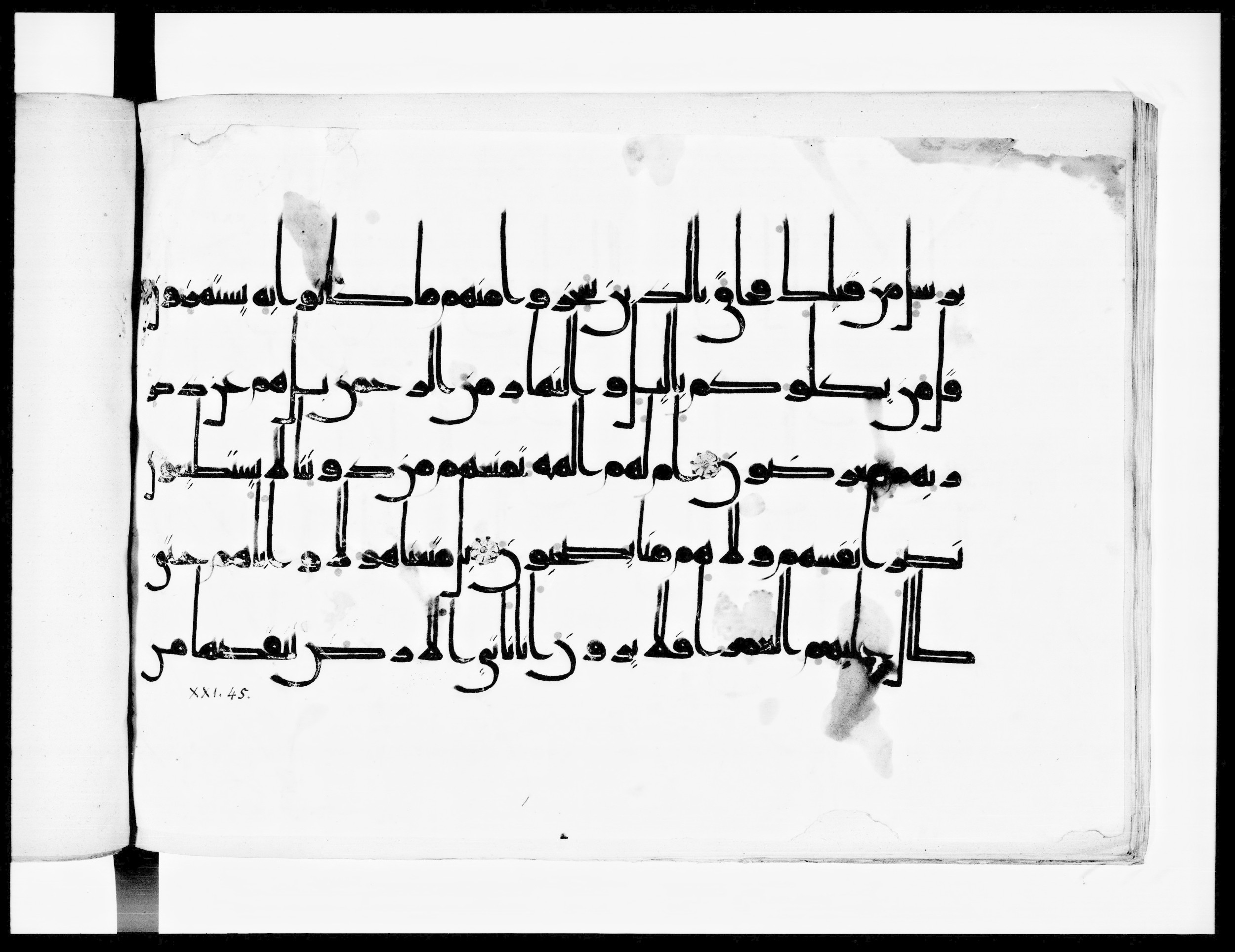 Arabe 334 (j) (Scan 3), in D V c script, showing Surah 21:41 from 9th to 10th Century AD found in Fustat (Old Cairo), Egypt, currently housed at Bibliothèque nationale de France, Paris