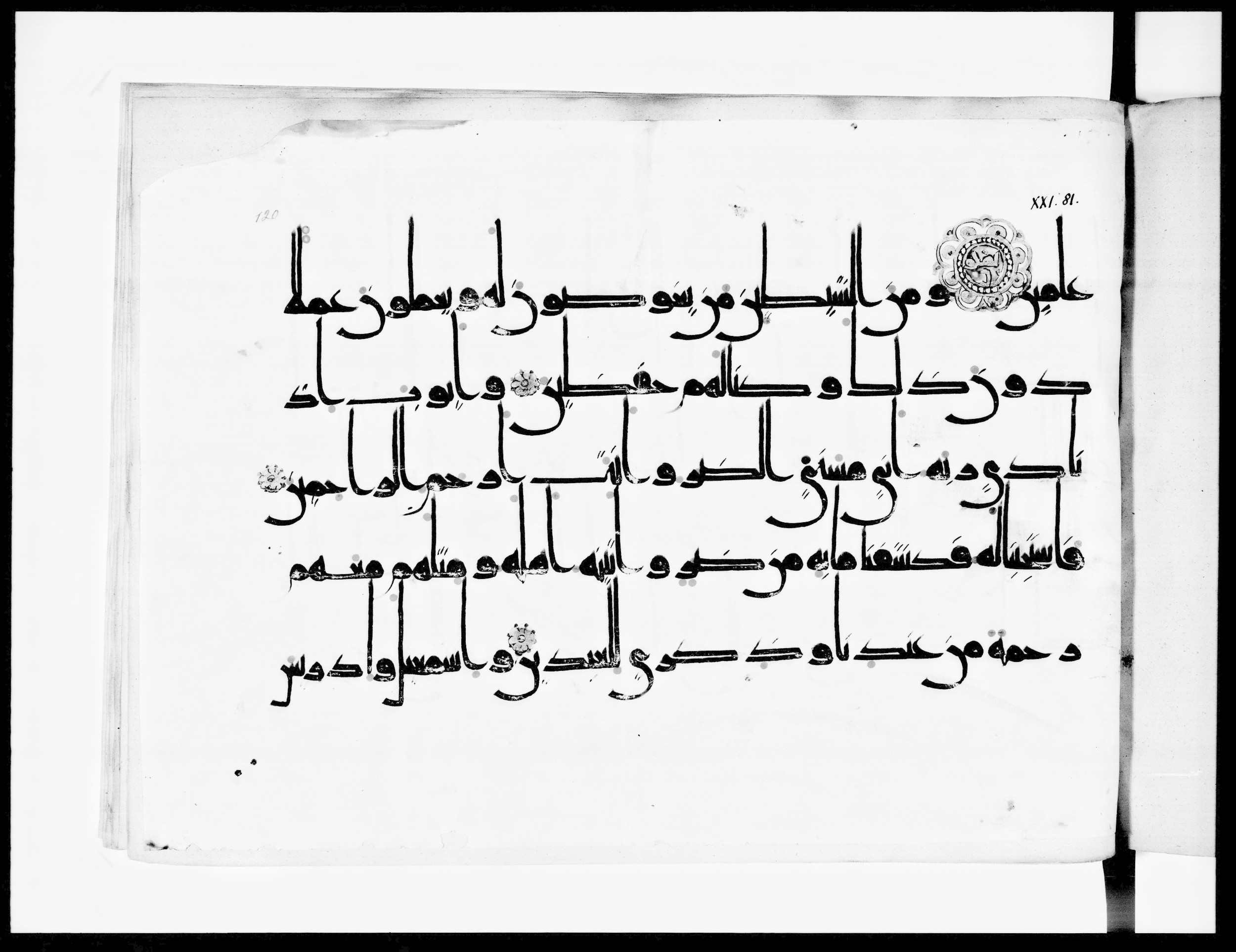 Arabe 334 (j) (Scan 1), in D V c script, showing Surah 21:83 from 9th to 10th Century AD found in Fustat (Old Cairo), Egypt, currently housed at Bibliothèque nationale de France, Paris