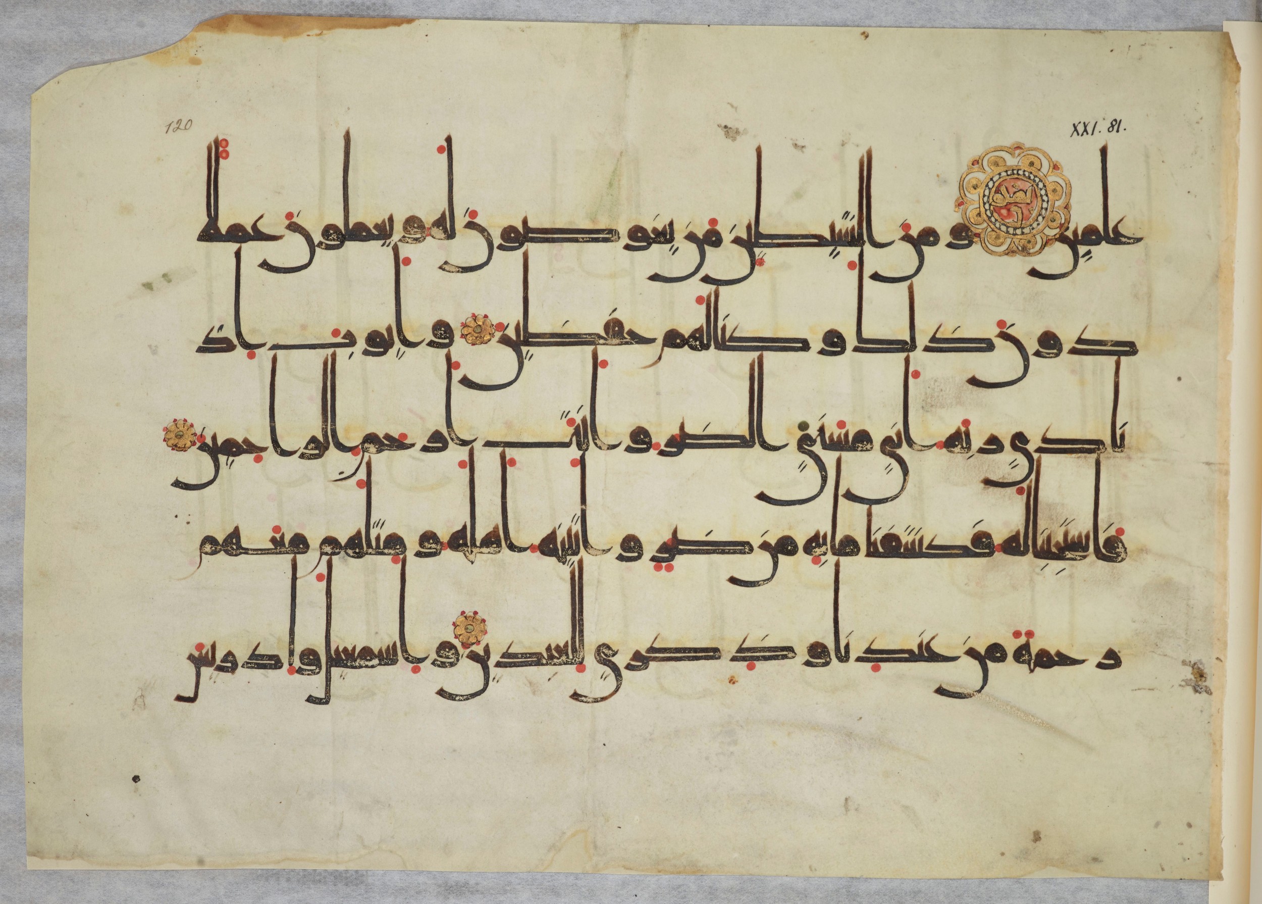 Arabe 334 (j) (Scan 2), in D V c script, showing Surah 21:83 from 9th to 10th Century AD found in Fustat (Old Cairo), Egypt, currently housed at Bibliothèque nationale de France, Paris