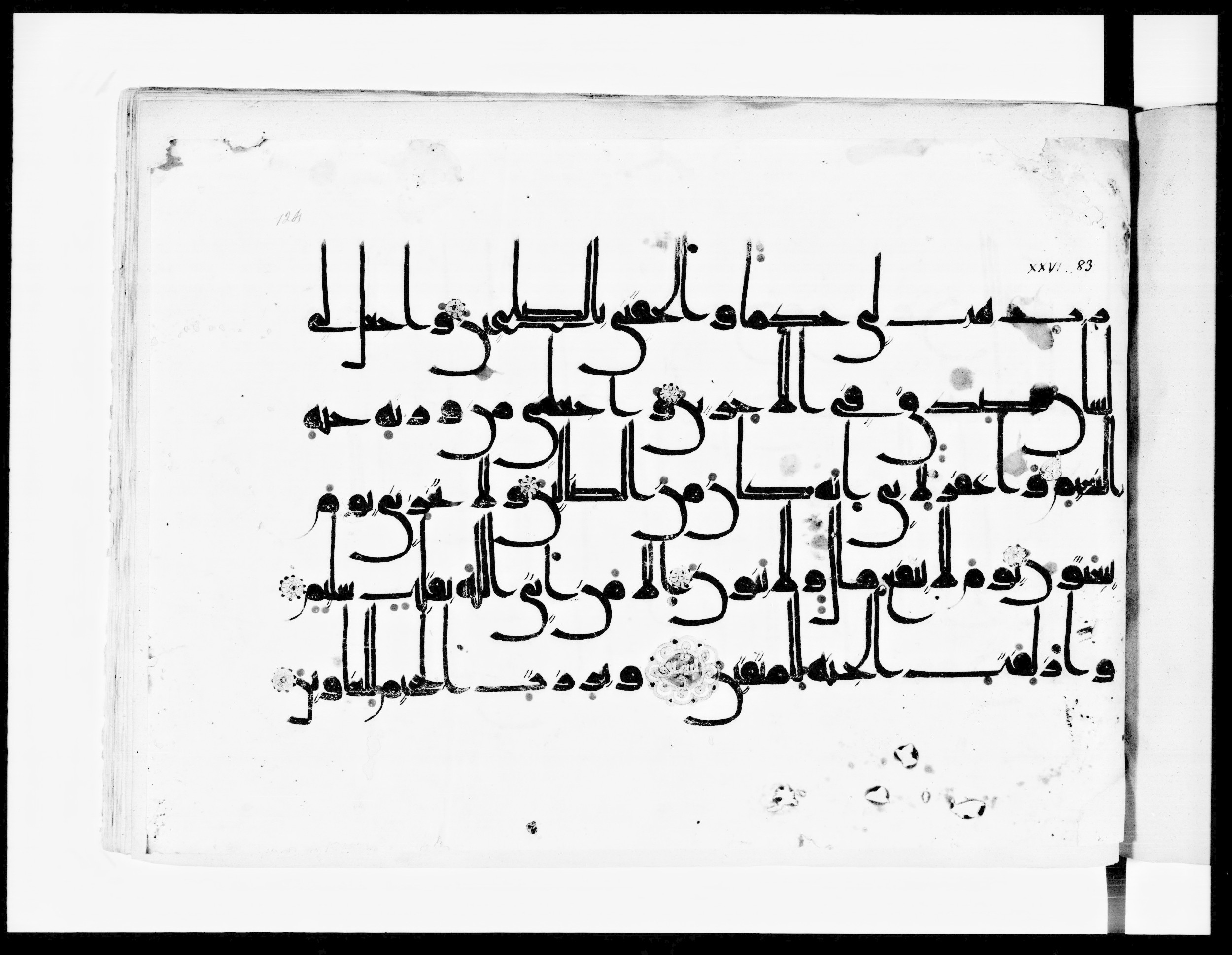 Arabe 334 (j) (Scan 1), in D V c script, showing Surah 26:83 from 9th to 10th Century AD found in Fustat (Old Cairo), Egypt, currently housed at Bibliothèque nationale de France, Paris